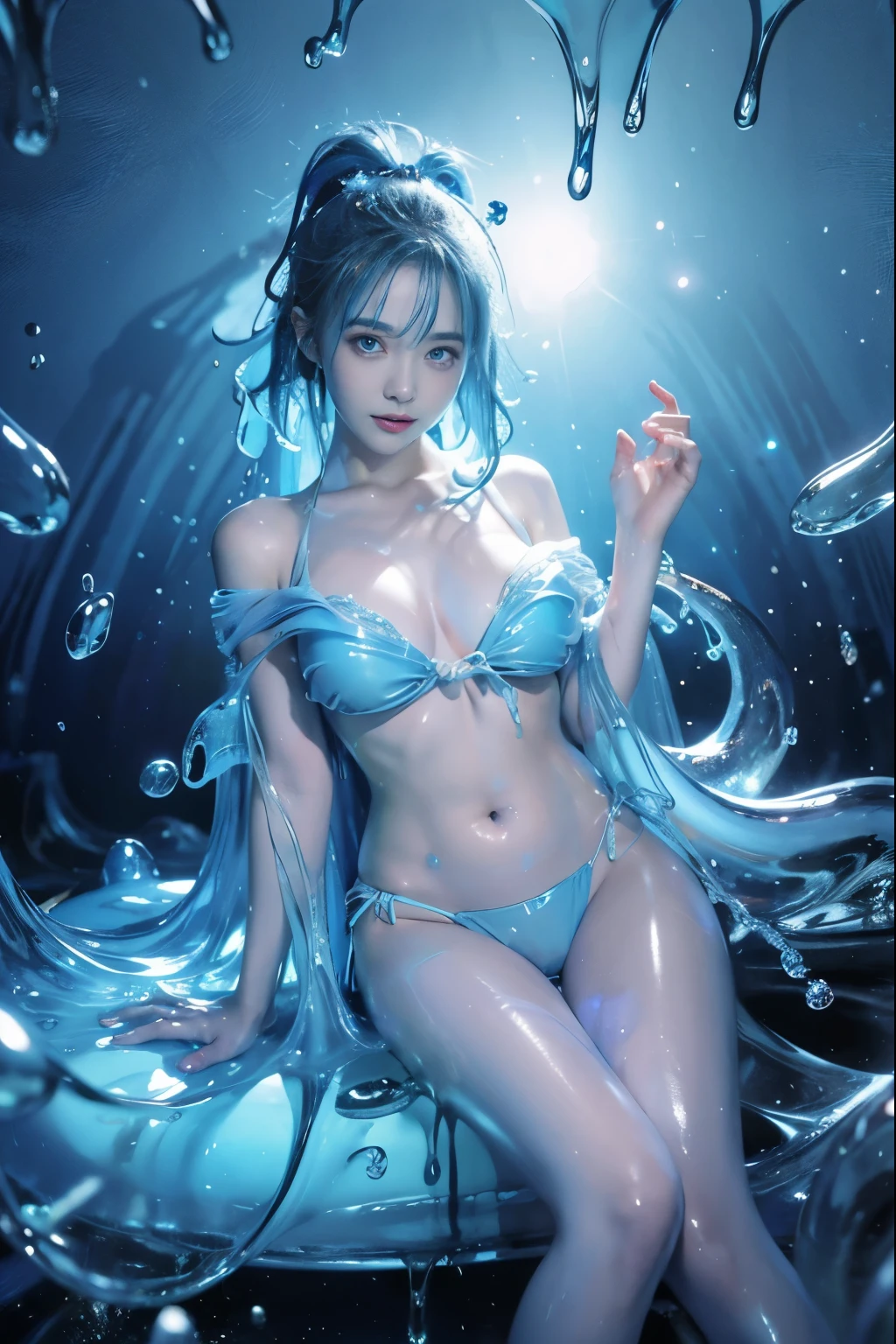 (hight resolution,masutepiece:1.2),Ultra-detailed,(Realistic:1.37), LiquidHair, liquid hair, blue mucus floating around, slime girl, covered in blue slime, (partially transparent), (Wet with water), (blue sweat), Slimy blue liquid dripping from her body. Her hair is also covered in blue slime. blue slime scatters, smile, Blue hair, blue eyes