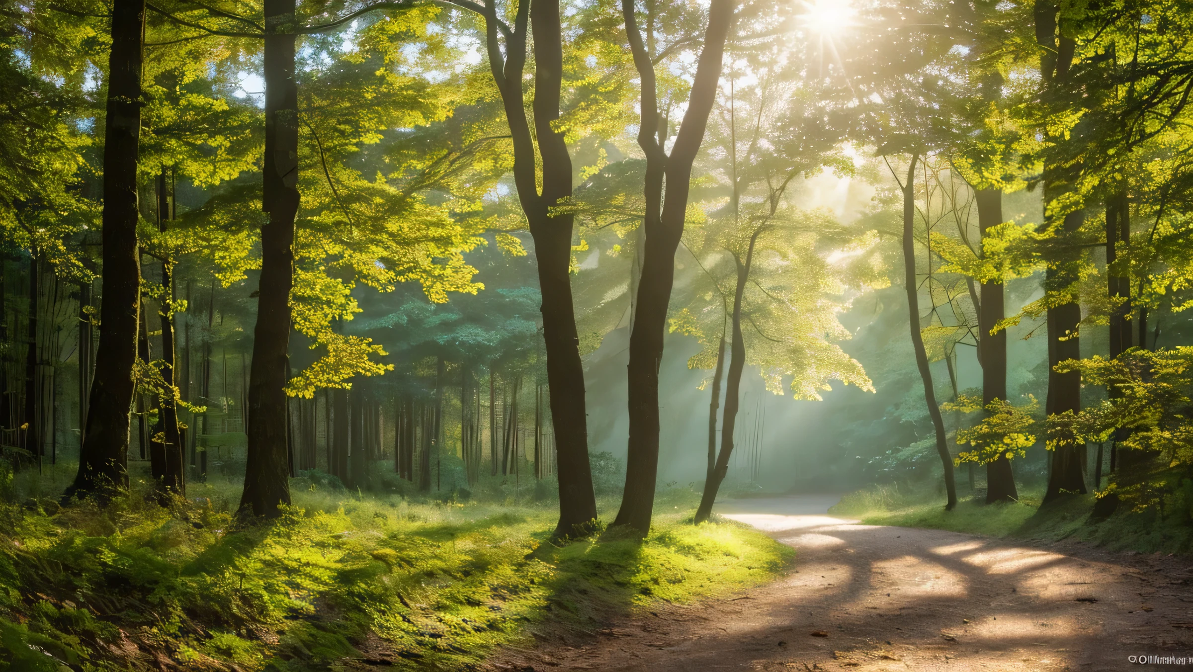 (melhor qualidade,4k,8k,high resolution,obra de arte:1.2),ultra-detalhado,(realista,photorealista,photo-realista:1.37),amanhecer na floresta,first rays of sun between the trees,trilha estreita,grama molhada de orvalho,folhagem verde exuberante,fine mist rising from the ground,silhouette of towering trees,birds singing in the distance,atmosfera calma e tranquila,sunlight filtering through the canopy,luz dourada suave,pale pink and orange tones,promessa de um novo dia,Tranquilo e sereno,Brisa sussurrante,ar fresco,farfalhar suave das folhas,jogo sutil de sombras e luz,beleza sublime da natureza,tons de verde vibrante,Tranquilidade matinal,ethereal and dreamlike environment,magical and enchanting,deserto imperturbado,layered textures and patterns,subtle changes in color and shadow,playful dance of light and shadows,aroma refrescante de pinho,occasional glimpse of wildlife in the distance,faint sounds of running water,sinfonia sutil da natureza,gotas de orvalho brilhando como diamantes.