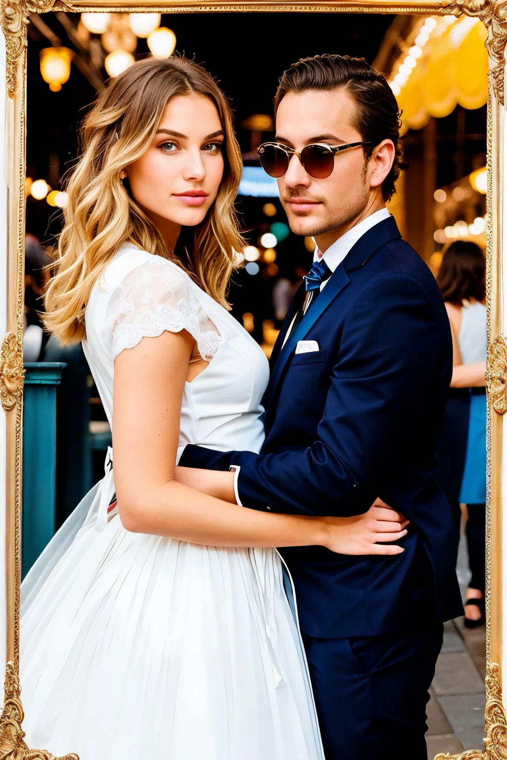 A girl jumps into a hug with a guy in the center of the screen, symmetrically framed, in a cool spacepunk-style dress. The girl wears a cute, white gown with intricate modeling details. The vibrant, vivid background showcases a colorful 16:9 street scene filled with shops on each side.
Very detailed, 20 years old,
visage joyeux, cheveux flotants blonds, yeux azur,
Haute résolution, Maître leurs,
Plus grande qualité, détails intricats,
Très détaillés, mise en scène parfaite,
Peau détaillée