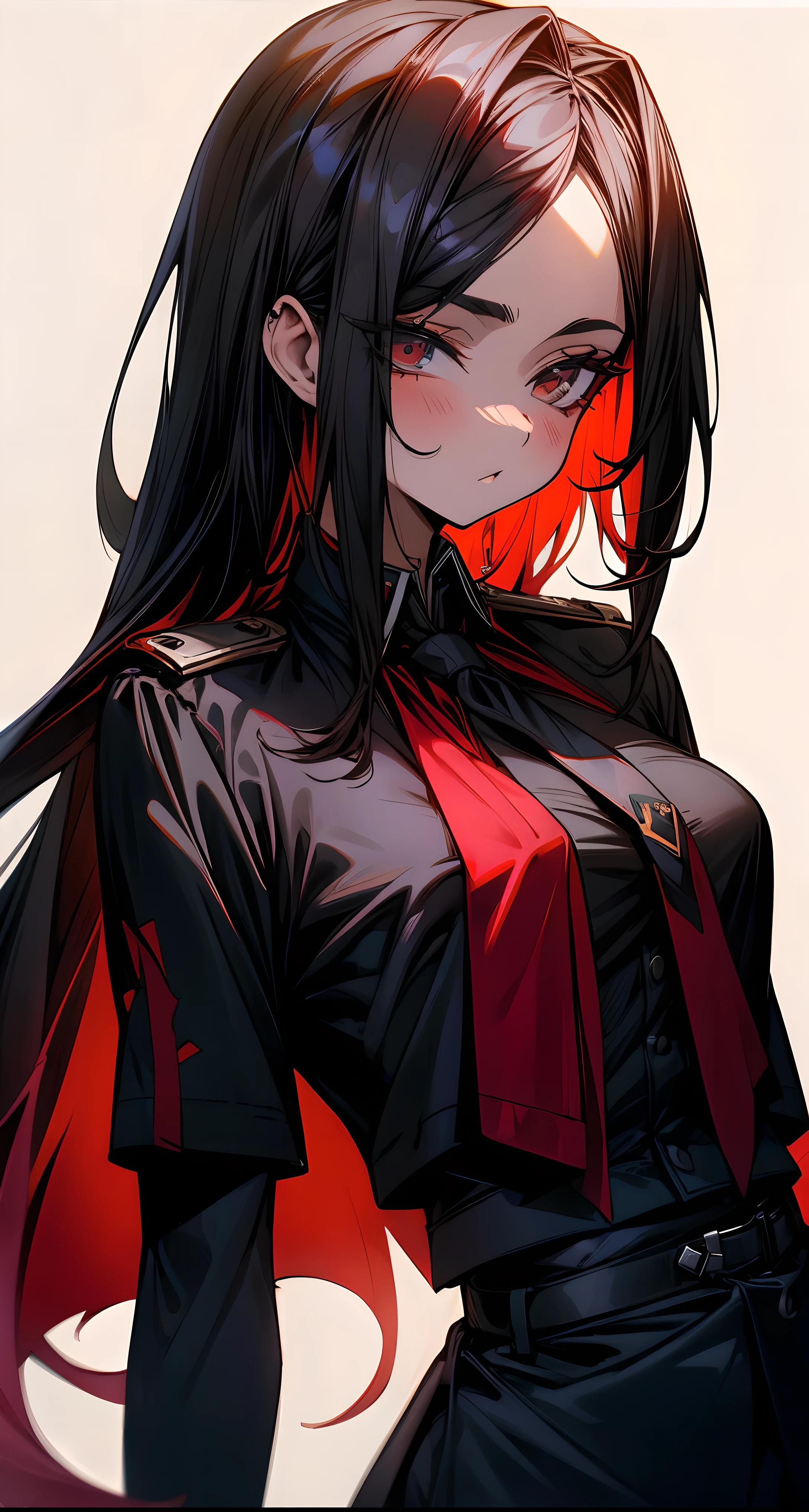 ((Obra maestra)) una mujer, enojada, mirando hacia el espectador, ropa militar, Long sleeve shirt black pants red tie,High resolution 8K, ultra detallado, cabello rojo,UHD,