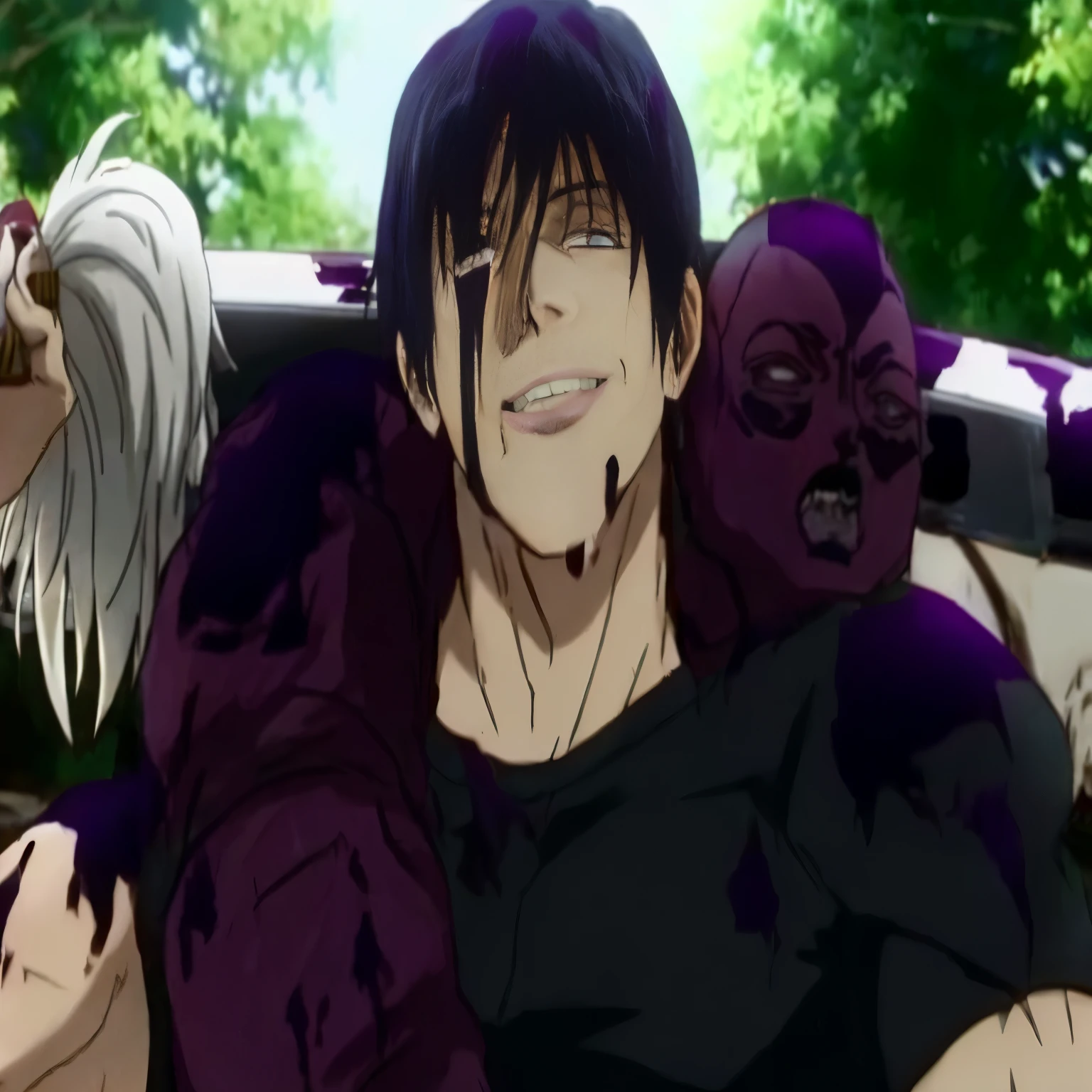 a closeup of a person sitting in a car with a dog, Anime Blob, Gapmoe Yandere grimdark, Estilo de anime Madhouse, Gapmoe Yandere, hombre de motosierra, captura de pantalla de un anime de 2012, captura de pantalla del anime guro, tripas de berserk, Hijikata Toushirou de Gintama, today's featured anime still.