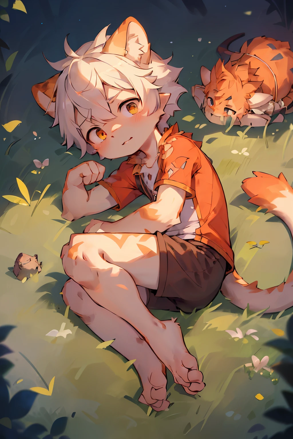 A in a beautiful and enchanting landscape,Lying in a wheat field, trending on artstation pixiv, Guviz-style artwork, Very handsome, Guviz, Guweiz on ArtStation Pixiv, Young male human cat,red scales,White hair,Full body photo,bird's eyes view,Lying position,male people,toddlers,(ibido boy)),,((author:Puinki,By Artists:1.2),(author:Unreal Land,author:Sumi Kuroi,author:Milk Tiger 1145,author:Morkey,(author:Xia Huaiting:0.8),(by Pino Daeni:0.8)