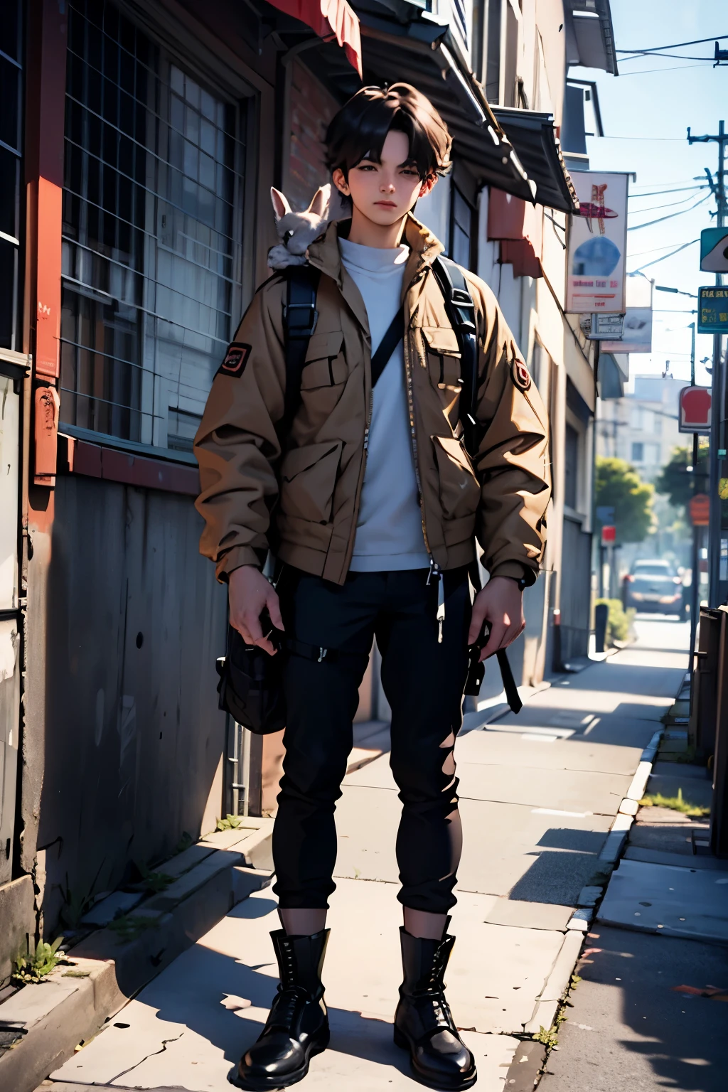 Jeon Jungkook do BTS, com roupas pretas, Black pants and blouse, jaqueta de couro e botas de couro pretas, He wears a backpack with survival equipment and holds a large rifle in his hand, a pet rabbit next to him.