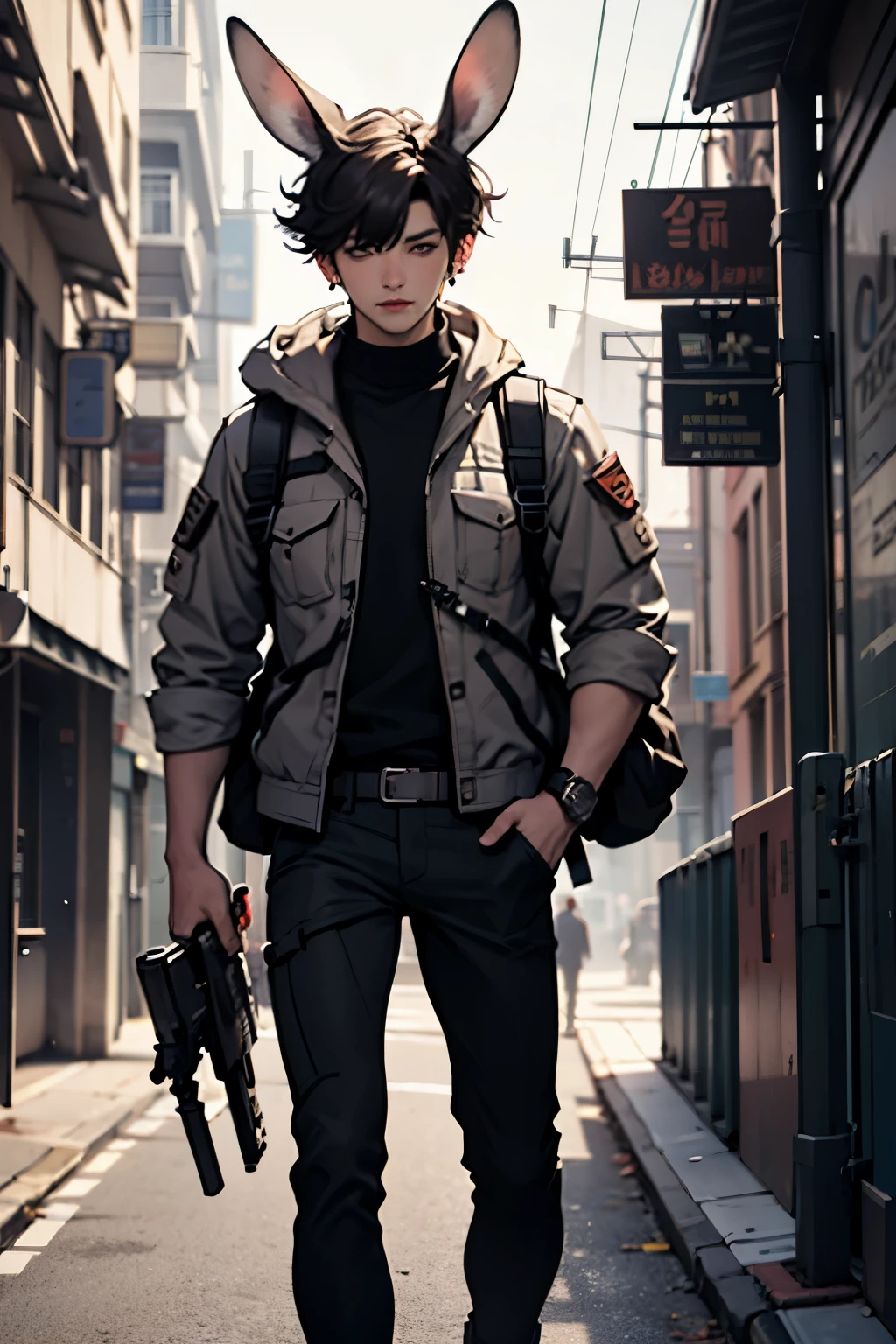 Jeon Jungkook do BTS, com roupas pretas, Black pants and blouse, jaqueta de couro e botas de couro pretas, He wears a backpack with survival equipment and holds a large rifle in his hand, a pet rabbit next to him.