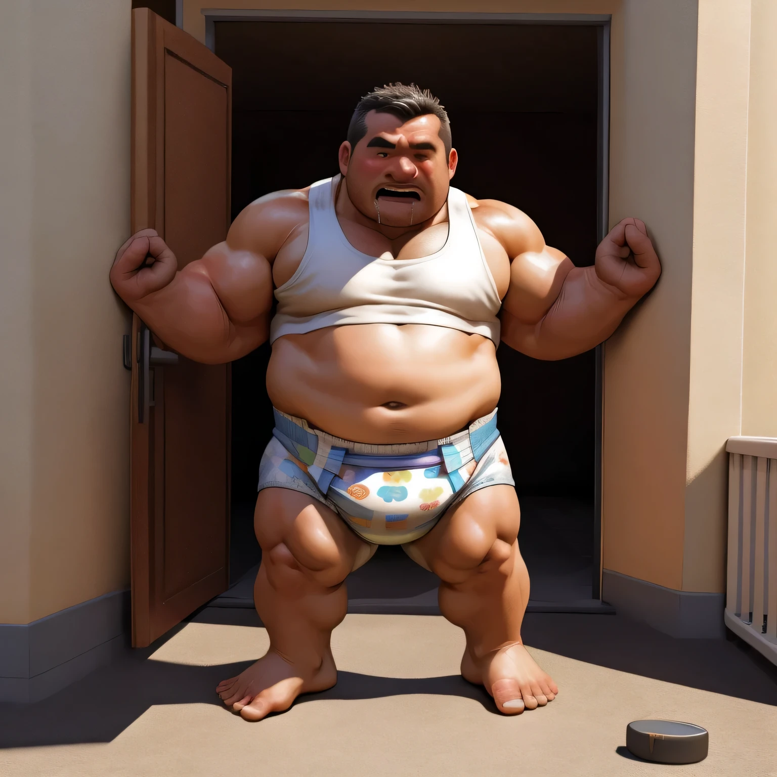 masterpiece, highest quality, At 16K, perfect fingers, very detailed, photo-realistic, the fat man is a cruel prisoner, delay, human, 50s, (obesity: 1.0), fatty muscle, bowl leg, despondency, I was incontinent, 50s, Children check my diaper while standing, There is a small puddle under him, I was incontinent, naked, short legs, bowl leg, spread your legs, 白い布おむつとDroolかけを着用してください, White diapers, Pampers, nakedのお腹, naked足, naked足, nakedの靴底, 上半身naked, wide forehead and short thin hair, A man with a big face and stubble, naked足, nakedの靴底, shy, sob, Drool, round face, vapor, alone, She enters a nursery school but is looked down upon by the children., he was surrounded by children, his ass is wet, naked足, big ass, White diapers, he was surrounded by children, sob, There is a small puddle under him