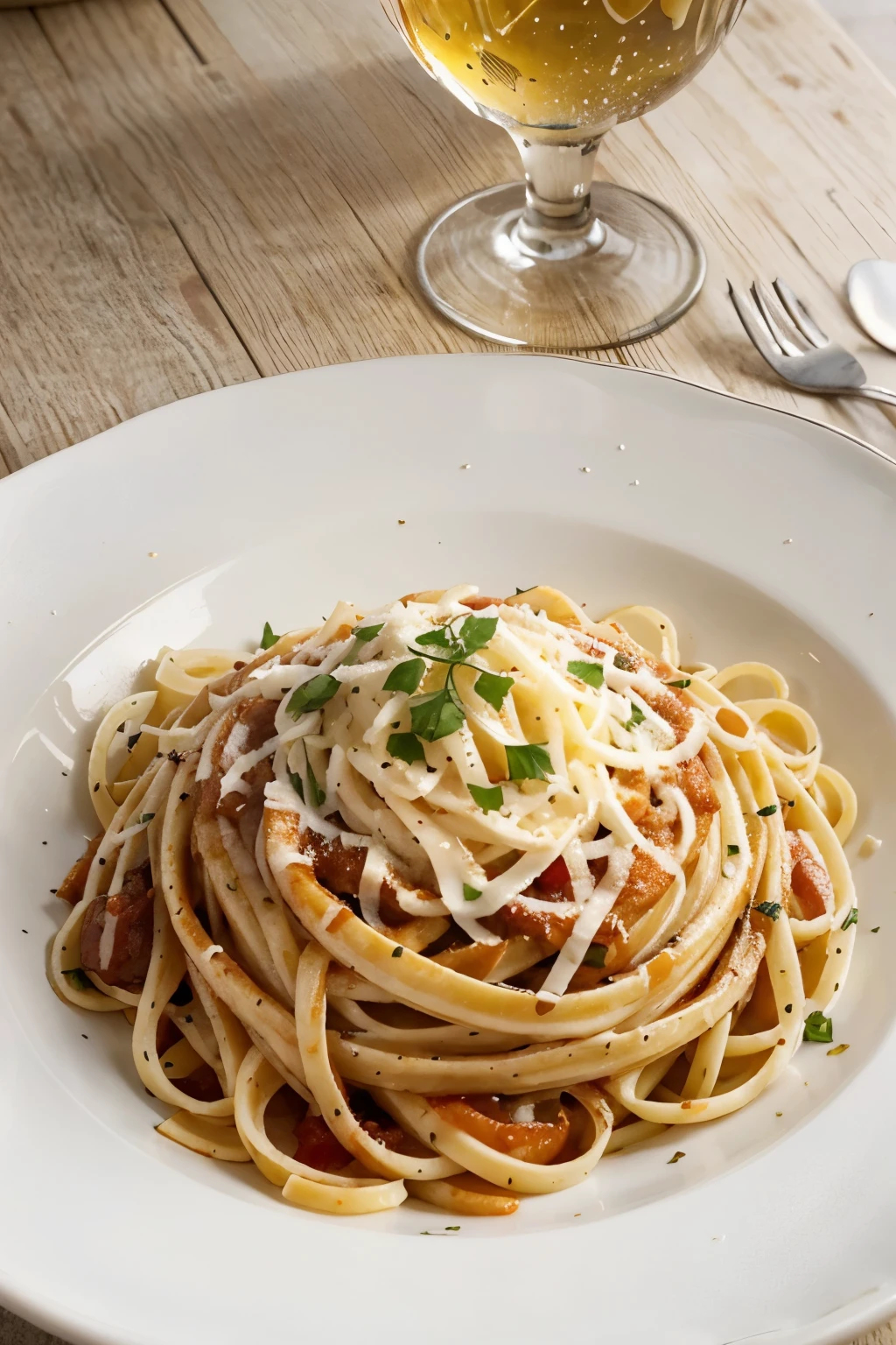 ((Best quality and extremely detailed image)): A stunningly beautiful Italian dish is showcased in this high-definition, photo-realistic image. The tagliatelle pasta, with its characteristic ridges, is elegantly arranged on a pristine white plate. The rich, savory sauce, swirled artfully around the pasta, invites the viewer to take a bite. A sprinkling of freshly grated cheese on top adds a tantalizing touch. Although the composition is not perfect, with a few strands of pasta slightly askew, the overall presentation is still visually appealing. This professional-grade, digital RAW photograph was taken with a Canon EOS 5