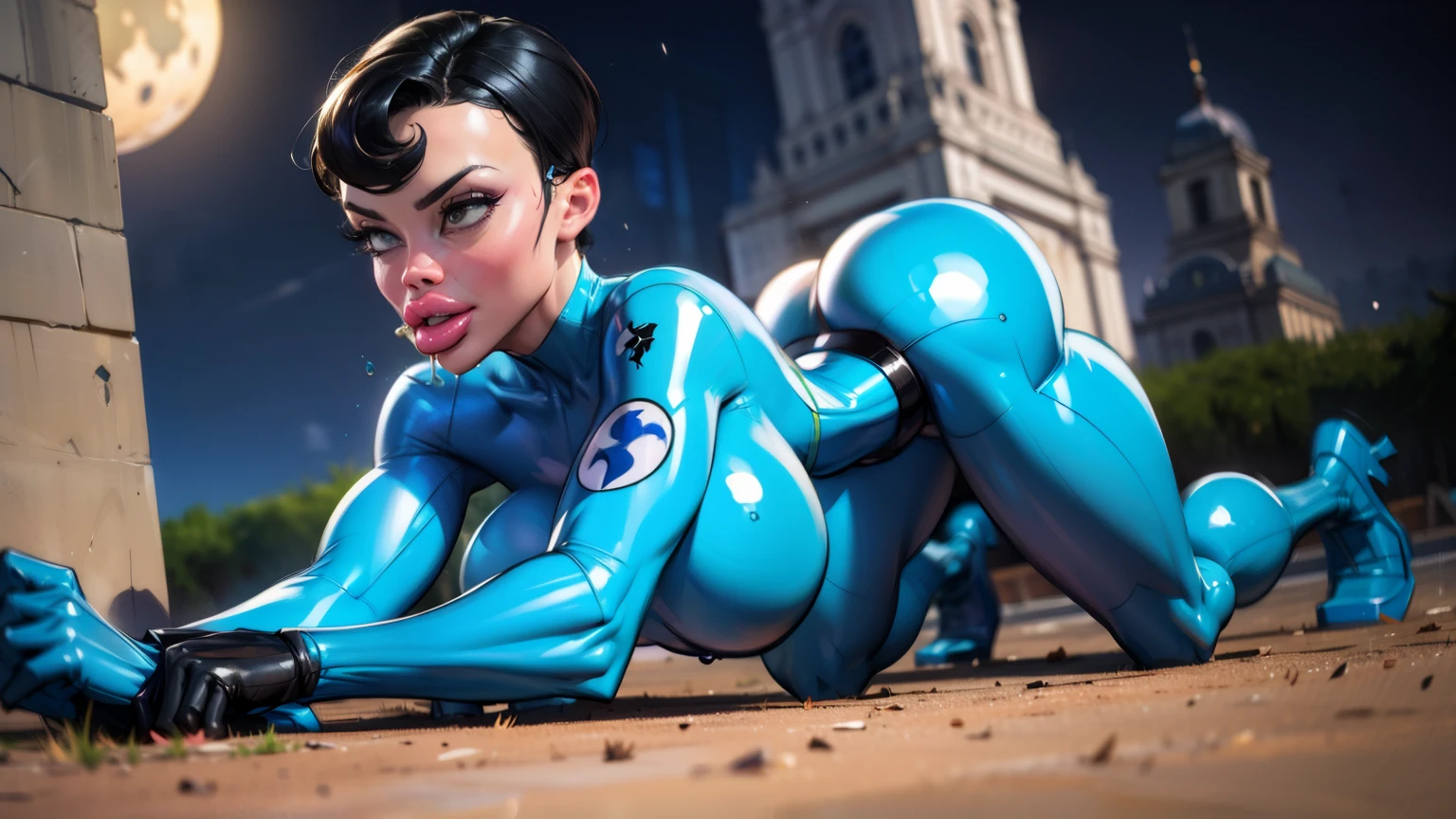 (Laying on all fours), Lean fit agent honeydew girl from the dark knight stands imposing in a gothic lost city. (((Short hair))), Blue bodysuit, black hair, (gigantic breasts), Moonlight highlights her fit and lean figure, intricate bodysuit, logo on shoulder, (black utility belt), The scenery is grim and mysterious, with futuristic tech and surroundings. The camera details everything, (((masterpiece)))