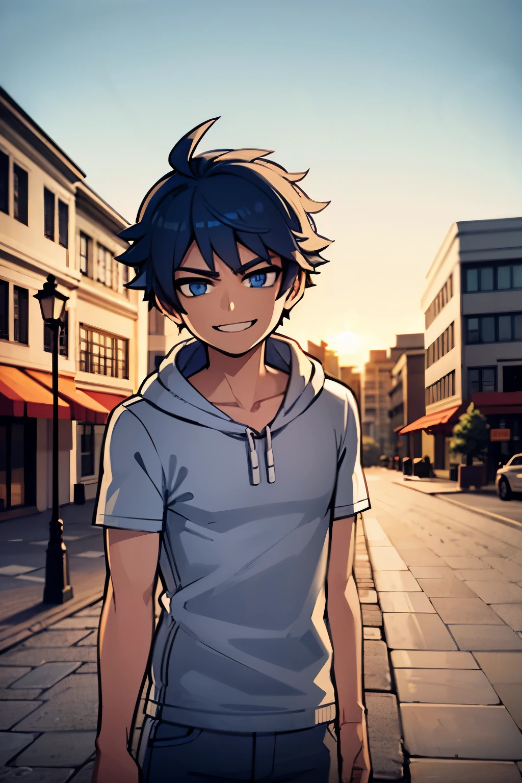 young boy, blue hair, blue eyes, white t-shirt, moleton, white hood, , jeans pants, blue jeans, in a snowly city, smiling, sunset, 4k, masterpiece, detailed,
