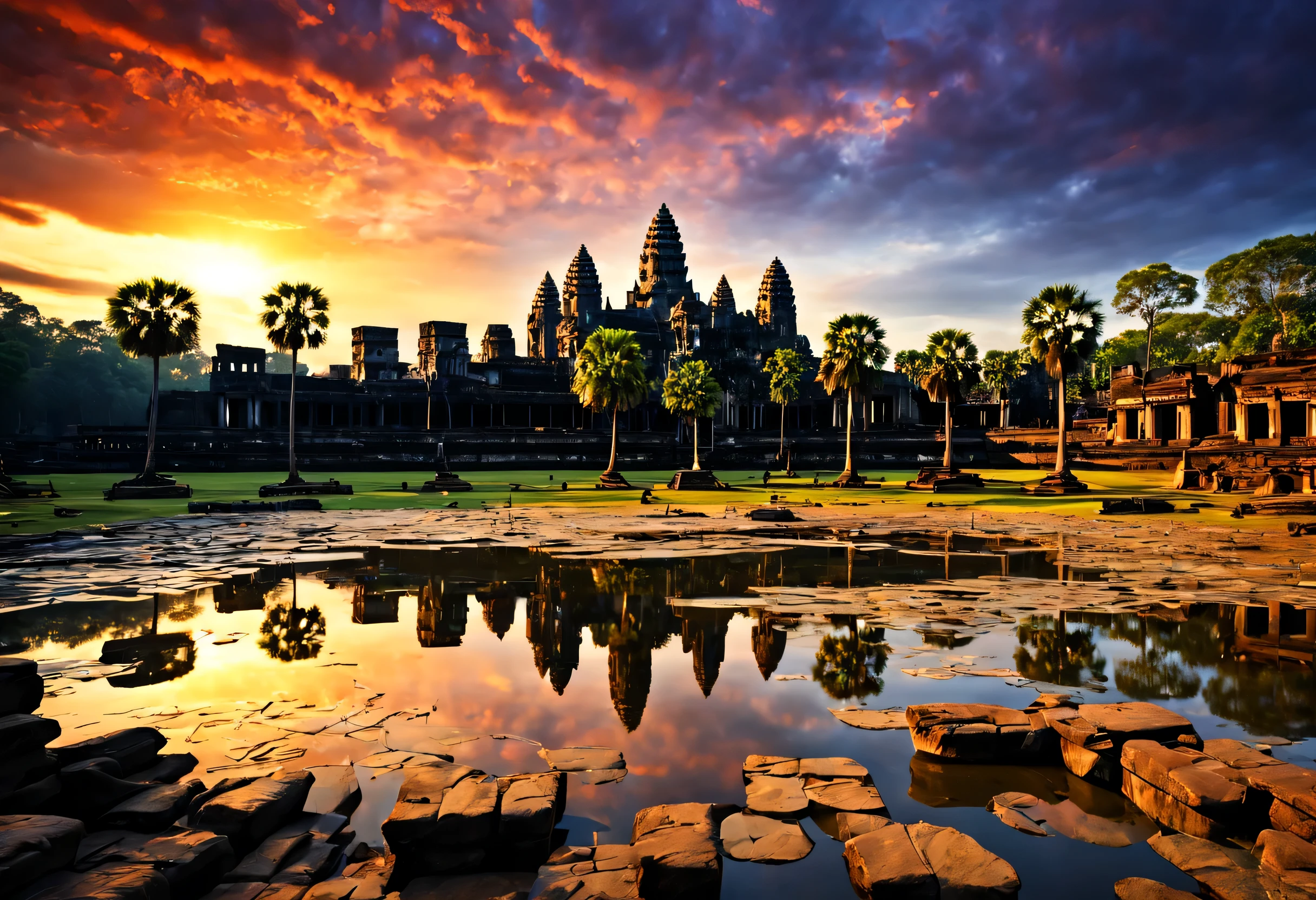 ancient city at dusk, Nice views, angkor wat and sunset, Stunning sunset, dark, (masterpiece), (highest quality), (Ultra high detail)