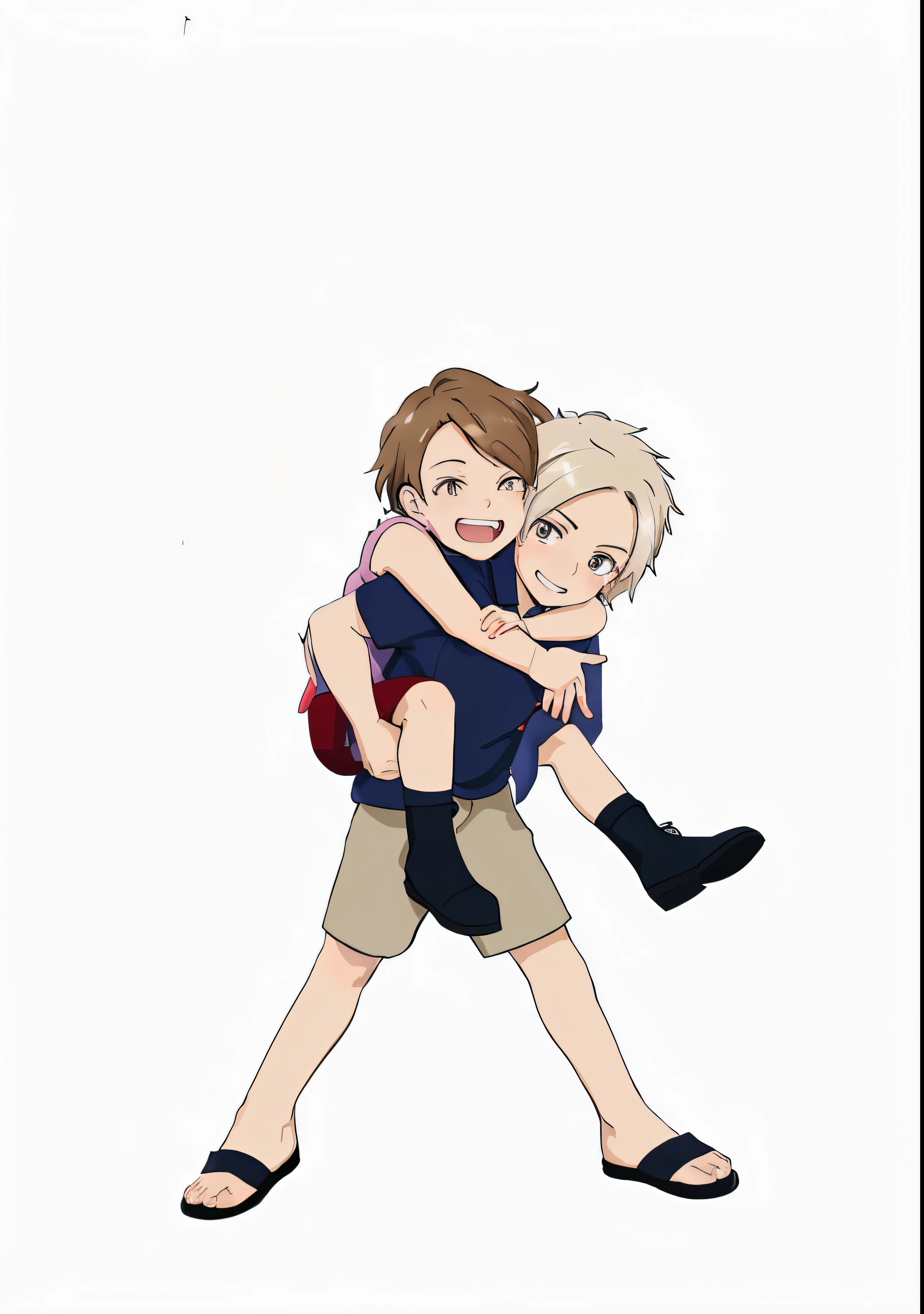 a cartoon picture of a boy carrying a girl on his back, hug, happy!!!, inspired by Caspar Wolf, high quality fanart, hugging, fan art, hugging each other, official fanart, they are siblings, future!!, in anime style, [ digital art ]!!, so cute, petros and leonid, 8k!, wallpaper!, summer