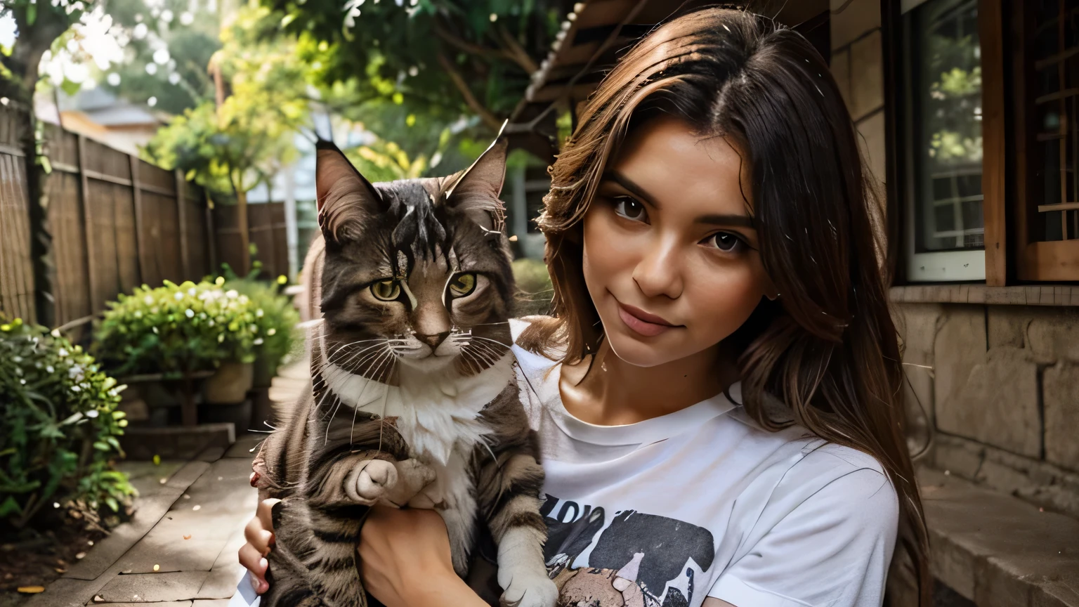 beautiful mulatta holding a cat in her arms. O Gato MAINE COON Perfeito. Depois da chuva, incorporado, corpo molhado, Depois da chuva, camiseta molhada. Roupas sensuais. luz do dia.

