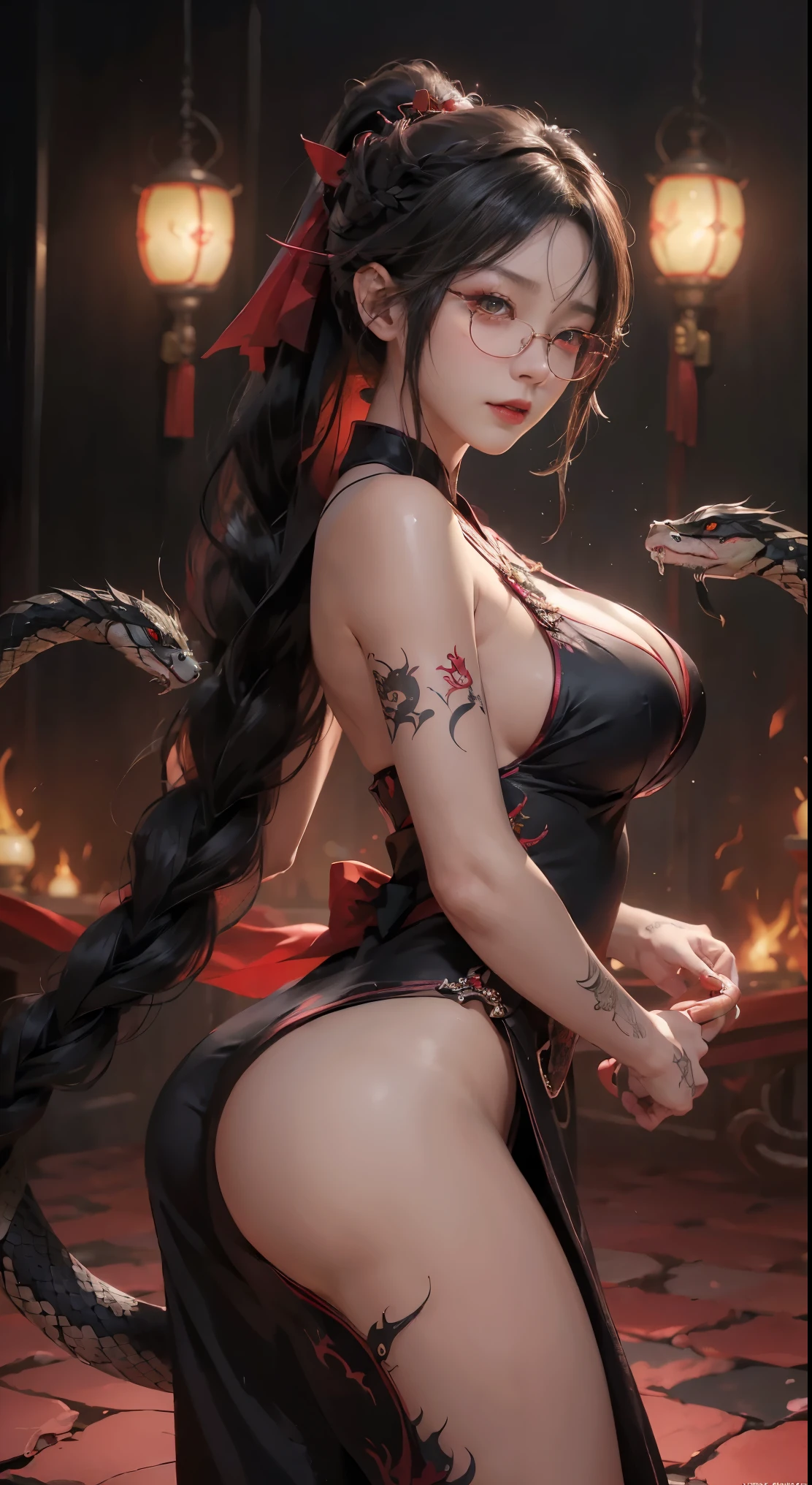 (best illustrations)、8k UHD resolution、intricate details、highest quality、realistic、Super detailed、best lighting、best shadows、soft lighting、Ultra HD、超realistic、Tyndall effect、Photoreal、(high detail skin:1.2)、 (intricate details, compensate, face to face_v1:0.5), (Are you okay, beautiful and delicate face, Are you okayですか, beautiful and delicate eyes, perfectly proportioned face, high resolution skins, fine skin, Optimal ratio of 4 fingers and 1 thumb, arm under chest, red tattoo on lower abdomen、wow wow, wide hips, smooth abdomen, thin and thin skin, __fashion__, __hair__:1.25)、Digital single-lens reflex camera、 absurd、Beautiful devil woman from hell, Surreal female portraits by David Hockney and Alphonse Mucha, Portrait of a seductive woman、fantasy art, chinese doll、Chinese actress、dungeon、dragon、devil&#39;s palace、hell&#39;s torture chamber、Demonic world、night、dark style 、in the dark、(detailed spooky background:0.8), magic、 1 girl、evil nun、dark necromancer、Succubus、devil&#39;s daughter、Shinonome Umi、bat wings，(((devil&#39;s horns))、 ((((round glasses)))),(((big breasts)))、(demon tail)、(red eyesは光り輝いて:1.6)、red eyesは非常に鮮明で詳細です, Your eyes are made up so beautifully, ((red eyes:1.0)),intricate tattoo, demonic tattoo, Tattoo on the thigh, body tattoo, masterpiece、the most beautiful face、baby face、cute smile、beautiful plump red lips、muscular seductive body、seductive body、devil style、Fascinating black magic costume、(((A shiny red snake coils around her body)))、長hair、Braid、Black hair、Ponytail distortion、, Ponytail with a bow tied at the back of the hair, beautiful expression、body up、big breasts強調、bust,  super tight chest, Breast augmentation surgery, The chest is very large and round,tight waist、wide ass、 private key, cowboy lens, (Black Phoenix Dress: 1.0), Hanfu、 devil crown,  red sparkling big jewel necklace、Jewelry G Wise,  Please wear black mesh socks,wearing a thin red and black robe, Hands pull the straps to expose sexy breasts, Protagonist Close-up, nffsw, nffsw, meet beautiful girls, look at the girl&#39;s body,(((upper body portrait))), Protagonist Close-up