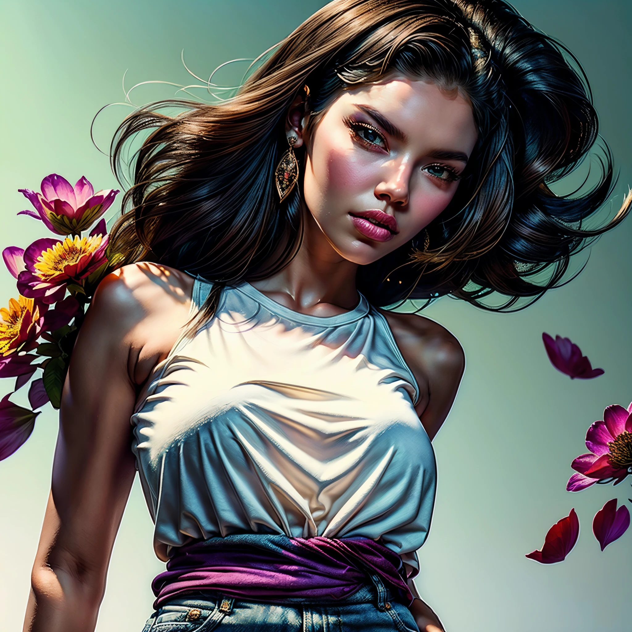 style FANTASTIC::Marc Silvestri ::5.0 COMIX illustration style, Fantastic Paintings--quality ,illustration style, DETAILED ,TATOON STYLE , Adriana Lima ,beautiful woman with long straight haiR ULTRA DETAILED, (beautiful and clear background:1.2), (extremely detailed CG, ultra-detailed, best shadow:1.1), ((depth of field)), ((watercolor)), large breasts(with jeans and a white t-shirt or dress:1.3), bare shoulders, flowers and petals, beautiful concept illustration , (white background:0.5), (illustration :1.1), (extremely fine and beautiful:1.1), (perfect details:1.1) varied multi etc. --v 6 --s 1000 --c 20 --q 20 --chaos 100