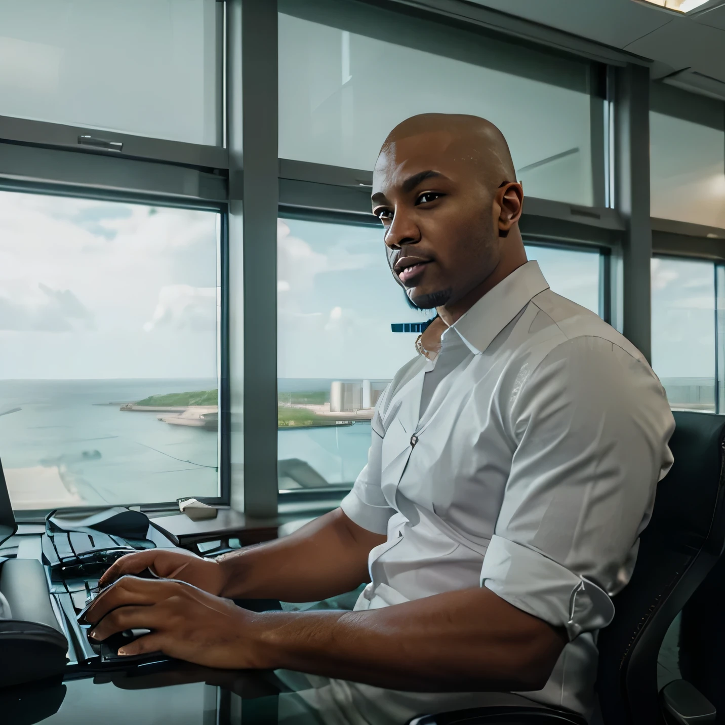 auburn skin color mixed-race South African male, a little chubby with a short light buzz cut head and formal shirt, sitting in the middle of his glass-windowed personal office with a glass table, the office in full frame, sitting behind a computer monitor facing forward, the office is in a skyscraper with full glass window from ceiling to floor and has a sea view behind male