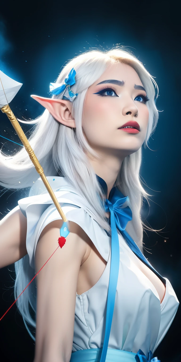 a portrait of Emiru as a princess elf with a bow and a bow in the air, white and blue clothes, surrealistic digital artwork, beautiful digital artwork, bow and arrow, archer bow, white hair, 4k highly detailed digital art, symmetrical epic fantasy art, digital artwork 4 k, 4k detailed digital art, with bow and arrow, dramatic artwork, fantasy art, fantasy digital art, artistic illustration, dark smoke