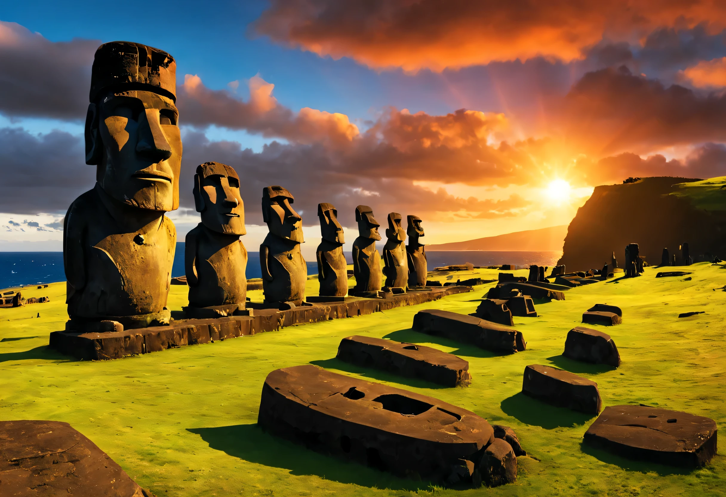 ancient city at dusk, Nice views, Beautiful sunset on Easter Island, dark, (masterpiece), (highest quality), (Ultra high detail)