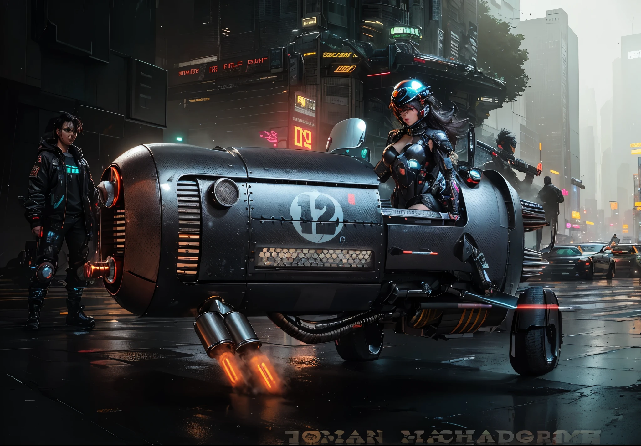 A neon-drenched cyberpunk cityscape cloaked in a persistent mist and slick with rain. Towering megastructures, their facades a kaleidoscope of holographic advertisements and flickering data streams, loom behind the foreground action.
A sleek, custom-modified hover bike roars through the misty air, its sleek lines barely visible but for the angry glow of its repulsor engines and the double lances of fire erupting from its exhaust pipes.
Astride the bike sits a woman of striking beauty, her face framed by a sleek pilot's helmet that reflects the city's neon symphony. Her eyes, sharp and emerald green, blaze with determination as she grips the controls, her gloved hands expertly maneuvering the hover bike through the chaotic airspace.
Behind her, the cyberpunk city unfolds in a tableau of violence and intrigue. Clad in gleaming armor and wielding high-tech blades, two rival warrior clans clash in a brutal street battle, their movements blurred by the rain and the swirling mist. Sparks fly as plasma swords meet, metallic armor groans under the impacts, and guttural battle cries pierce the thick atmosphere.
Sensory details:
The acrid tang of exhaust fumes mixes with the metallic scent of rain and the ozone tang of plasma energy.
The ground trembles with the thudding impact of clashing blades and the muffled boom of sonic grenades detonating amidst the neon-lit buildings.
The woman's breath steams inside her helmet as she leans into the turn, her senses tuned to the high-pitched whine of the hover bike's repulsor engines and the distant screams of the battling warriors.
Overall tone: Gritty, action-packed, cyberpunk noir with a touch of female empowerment.