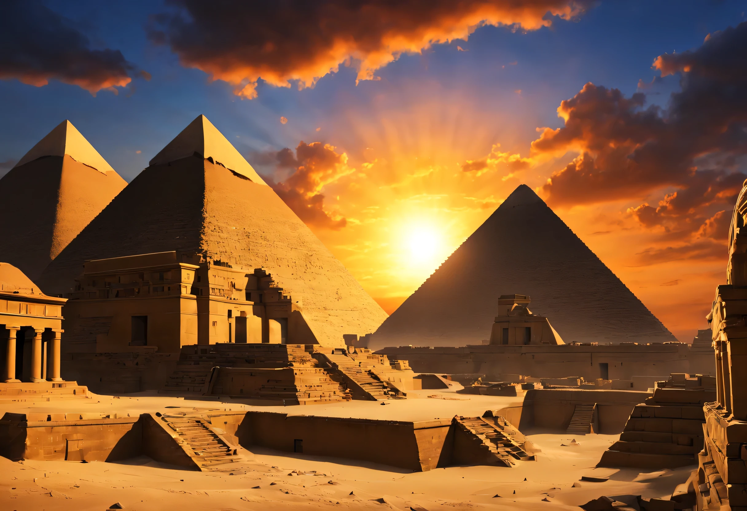ancient city at dusk, Nice views, angkor wat and sunset, Stunning sunset, dark, (masterpiece), (highest quality), (Ultra high detail)