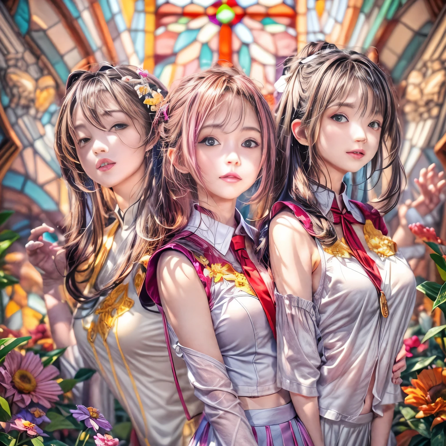 NSFW:-0.9 . White and Red, (Dazzling colorful light pours down and reflects:1.2), (Physically-based Rendering with incredible detailed Textures), Award-winning Masterpiece of professional Analogue photograpy, (Realistic:1.2) and (((Hyper-Realism:1.37) with touch of rawness, Acutance:0.8)) . (A group photo of 6 KAWAII girls in (school uniform)) with opened Overflowing Gigantic Cleavage without bra . (((Extremely detailed KAWAII face variations)) with joyful expressions), { Systemic | Glossy cute Lips Closeup | Navel | (pretty Ass) | (Overflowing underboob) | White panties with (blood seeping only in crotch area) | (full of Flowers covering girl's body) | ((Dazzling colorful stained glass with stunning elaborate details:1.2)) | A Dazzling Halo appears | God rays | Haze | Mystic sight | Lens flare | Zoom Layer } . Ultra-detailed, (Exposed:0.8), (((nipple:-0.9))), ((not Detailed fingers:-0.9)) .