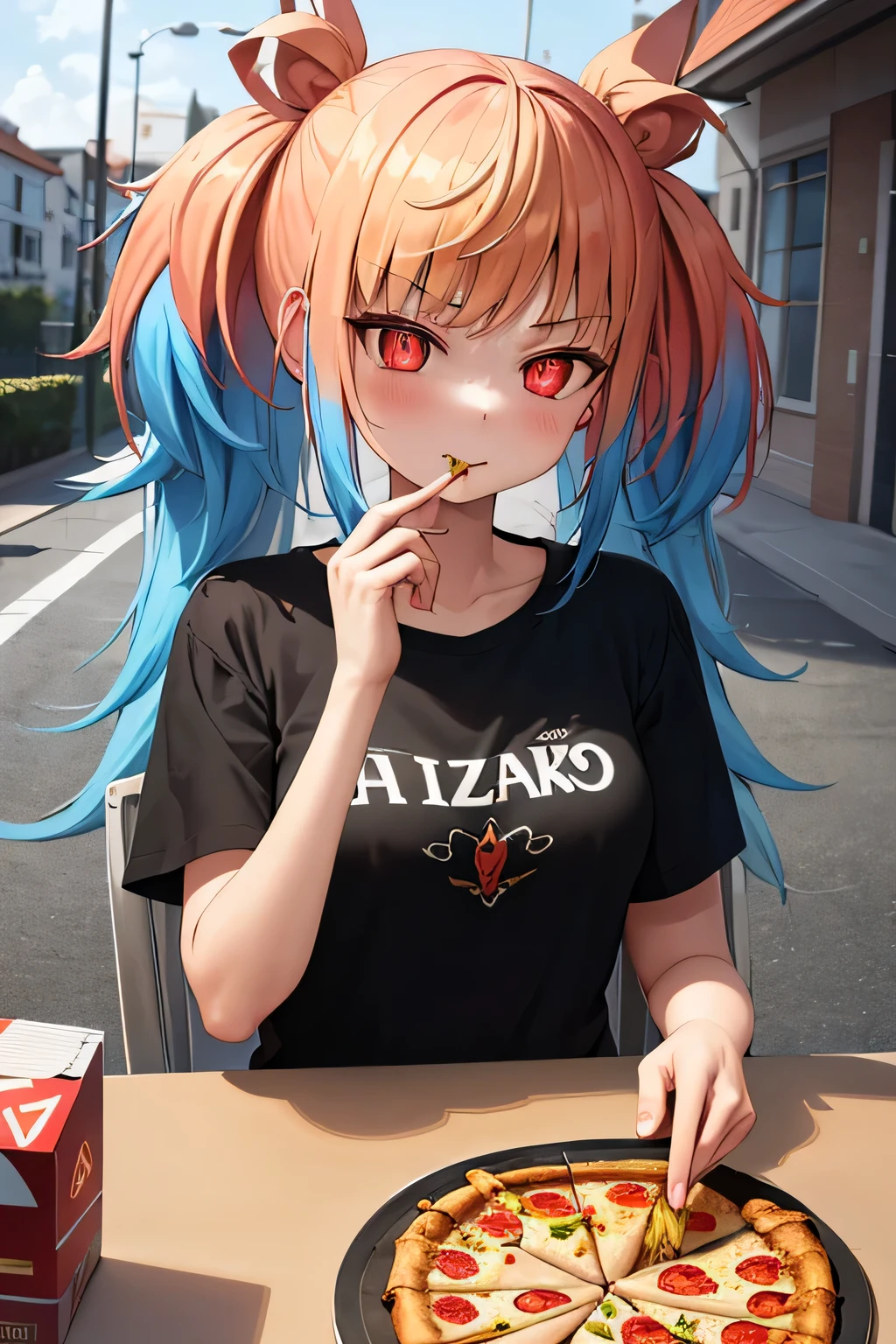 masterpiece, highest quality, confused, perfect anatomy, 1 girl, alone, Sivapuso, long hair, twin tails, T-shirt, eat, table, Upper body, pizza, Happy, lamp, outdoor, street, lamppost, 