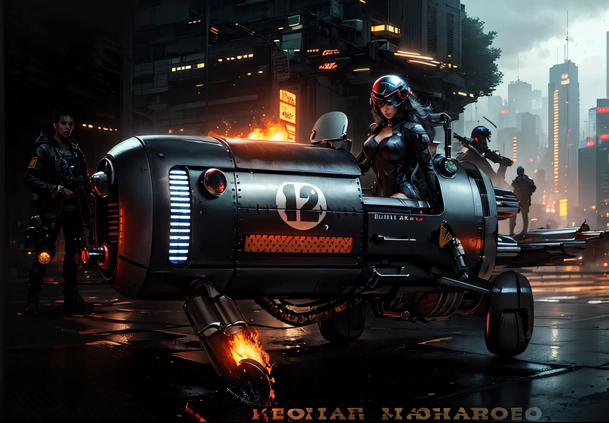  A Hover Bike with fire coming out of the exhaust pipes being piloted by a beautiful woman with a pilot's helmet behind illuminated cyberpunk buildings with warriors fighting in the background with a misty and wet atmosphere