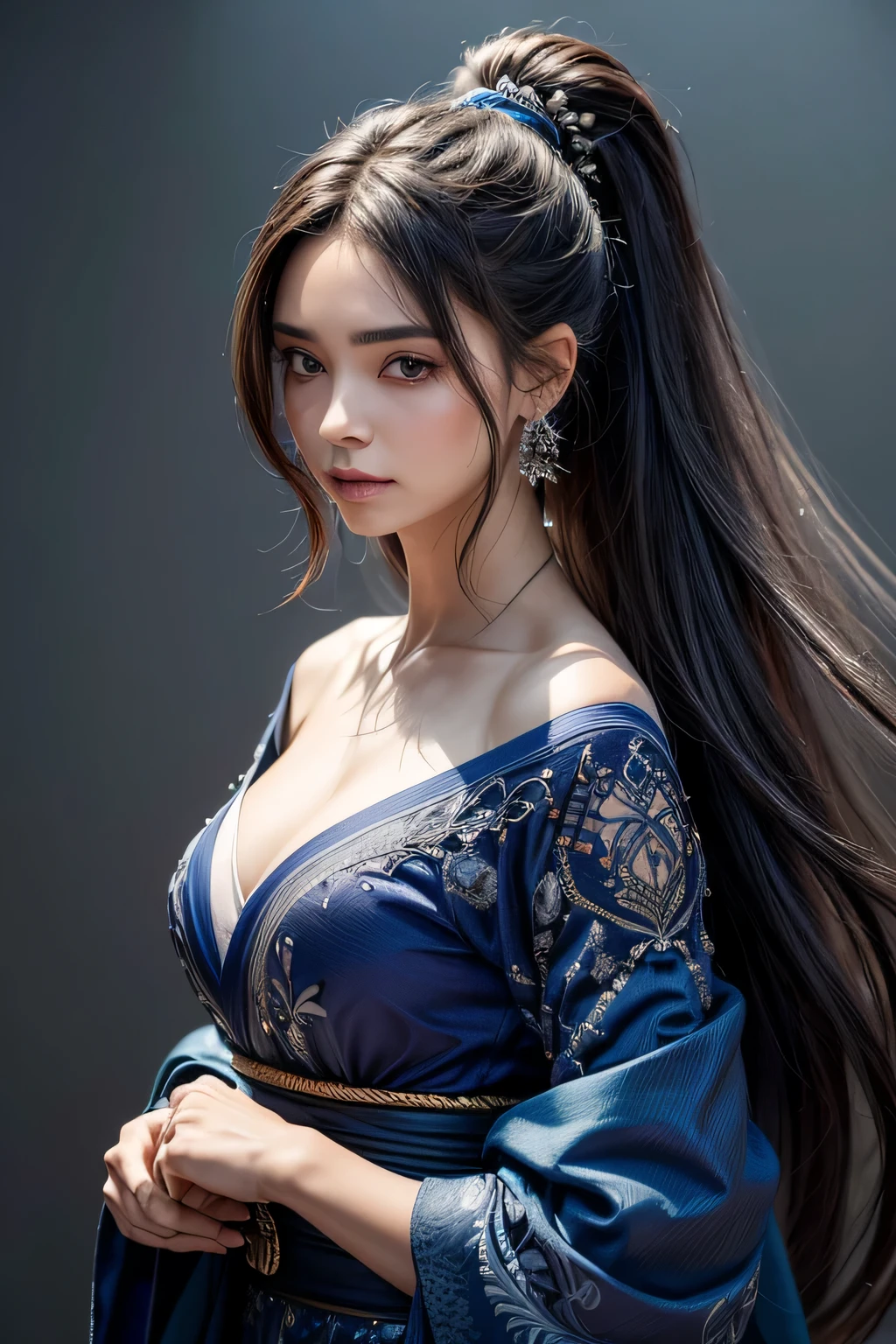 (melhor qualidade, obra de arte, colorida, dynamic angle, highest detalhado)foto de corpo inteiro, ull body realistic epic photo, (fechar-se), 1 garota, floating azul_cabelo, long cabelo, (water:0.7), waterdrop, molhado, containment_Katana, azul_Kimono with intricate pattern, ultra detalhado, (texturizado_roupas), Preto_Fundo,  (detalhes intrincados, hyperdetalhado:1.15), detalhado, light passing through cabelo, (arte oficial, extreme detalhado, highest detalhado),