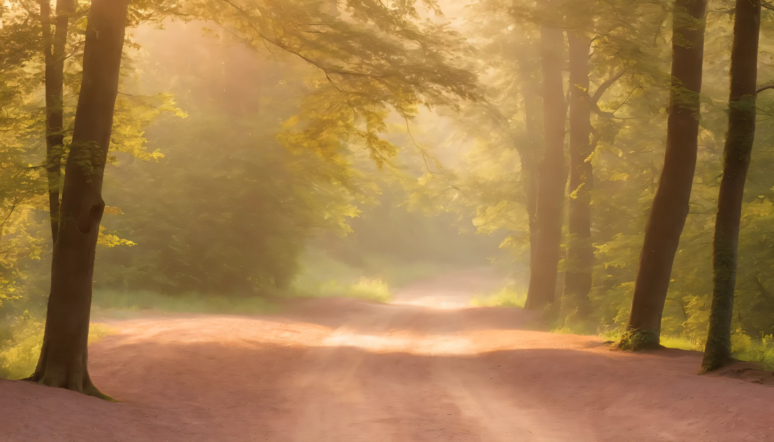 (melhor qualidade,4k,8k,high resolution,obra de arte:1.2),ultra-detalhado,(realista,photorealista,photo-realista:1.37),amanhecer na floresta,first rays of sun between the trees,trilha estreita,grama molhada de orvalho,folhagem verde exuberante,fine mist rising from the ground,silhouette of towering trees,birds singing in the distance,atmosfera calma e tranquila,sunlight filtering through the canopy,luz dourada suave,pale pink and orange tones,promessa de um novo dia,Tranquilo e sereno,Brisa sussurrante,ar fresco,farfalhar suave das folhas,jogo sutil de sombras e luz,beleza sublime da natureza,tons de verde vibrante,Tranquilidade matinal,ethereal and dreamlike environment,magical and enchanting,deserto imperturbado,layered textures and patterns,subtle changes in color and shadow,playful dance of light and shadows,aroma refrescante de pinho,occasional glimpse of wildlife in the distance,faint sounds of running water,sinfonia sutil da natureza,gotas de orvalho brilhando como diamantes.
