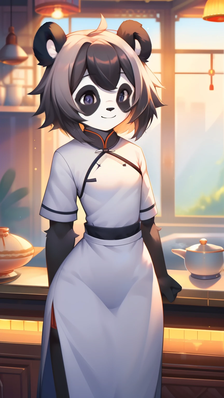 Best quality, Super detailed illustration, (1 boy:1.2), (Fluffy panda:1.4) , feminine face and body, disheveled thick hair, Chinese dress, Chef, shy smile, Femboy, small waist, wide hips, Slim, perfect body, style &quot;don&#39;t worry&quot;, 