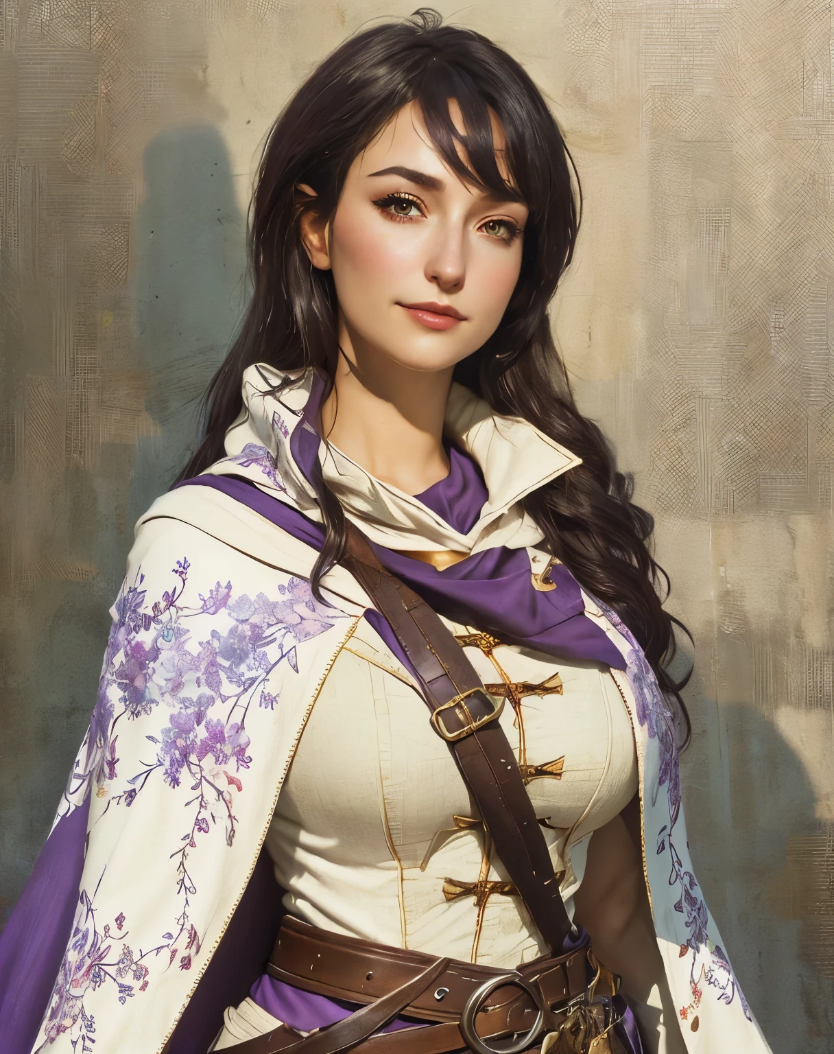 painting of a woman, beautiful character painting, fantasy genre portrait, stunning character art, character portrait art, fantasy character portrait, artwork in the style of guweiz, charlie bowater character art, portrait ezio auditore as female, fantasy concept art portrait, artgerm and atey ghailan, character art portrait, vivid colours, sharp light, shadows on face, dark purple lights, dark purple colours