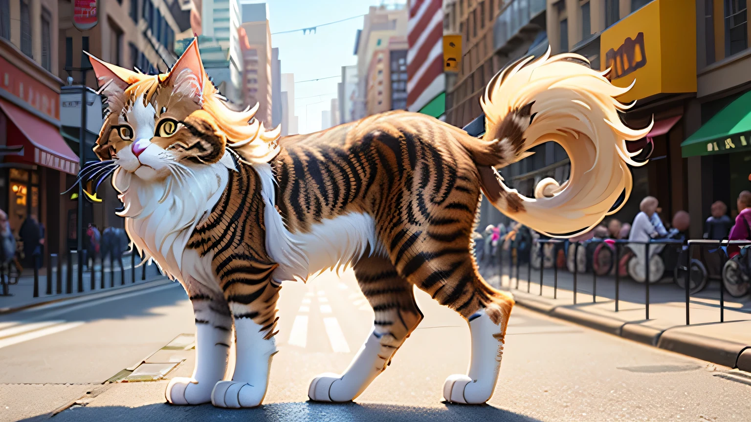 Nas ruas movimentadas de uma cidade vibrante, a majestic Maine Coon cat named Gato roams around, seu pelo grosso brilhando sob a luz solar realista em 4K. With his piercing yellow eyes focused on the sidewalk ahead, Gato sai para um passeio tranquilo, suas enormes patas deixando marcas suaves no concreto. Os detalhes intrincados de seus longos bigodes, cauda felpuda, and striking markings are highlighted by high-definition lighting, adding a charming touch to the lively scene.