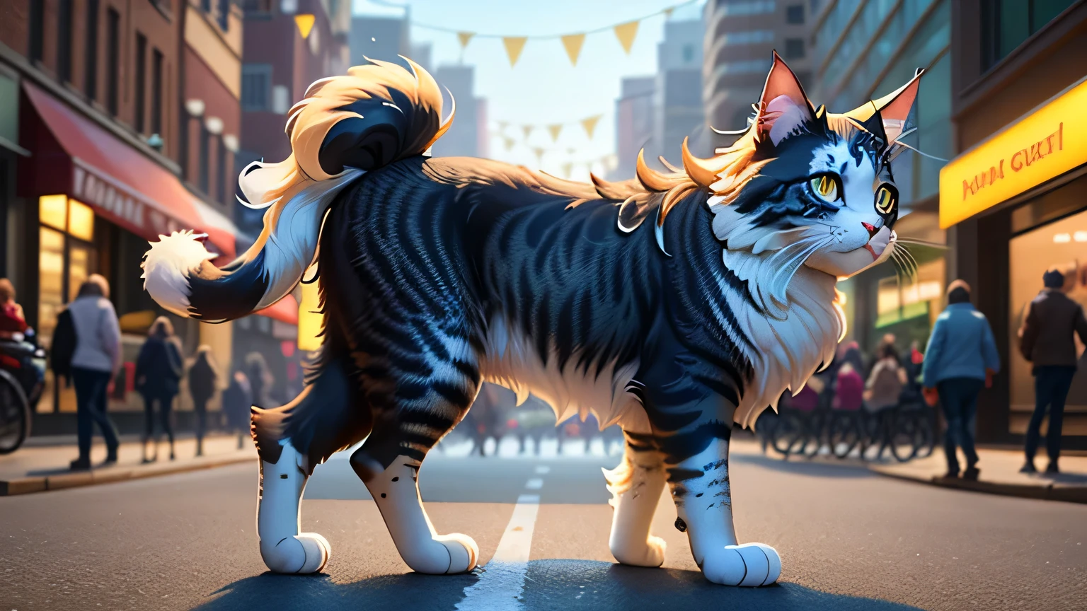 Nas ruas movimentadas de uma cidade vibrante, a majestic Maine Coon cat named Gato roams around, seu pelo grosso brilhando sob a luz solar realista em 4K. With his piercing yellow eyes focused on the sidewalk ahead, Gato sai para um passeio tranquilo, suas enormes patas deixando marcas suaves no concreto. Os detalhes intrincados de seus longos bigodes, cauda felpuda, and striking markings are highlighted by high-definition lighting, adding a charming touch to the lively scene.
