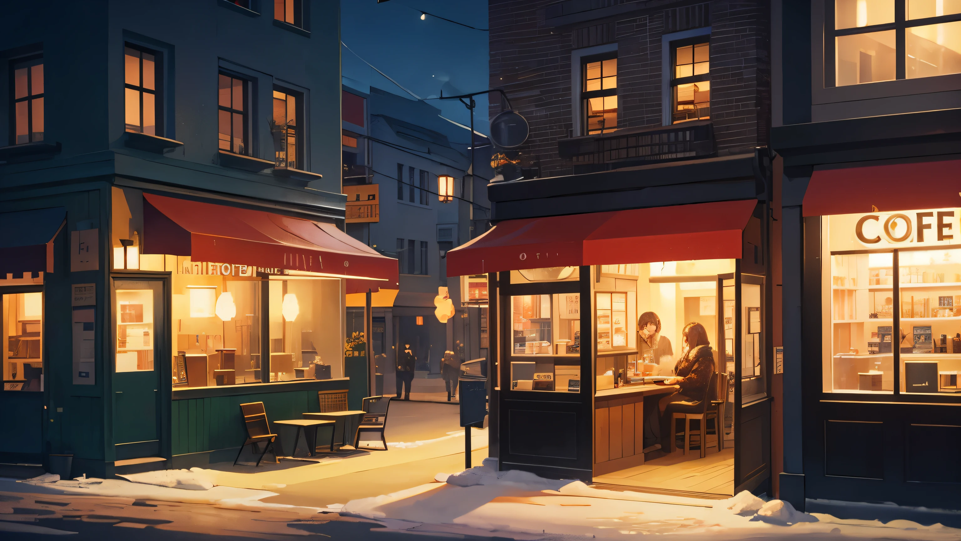 night time, cozy cafe with window in background to street outside, winter, no people, coffee cups, espresso machine, happy, painted