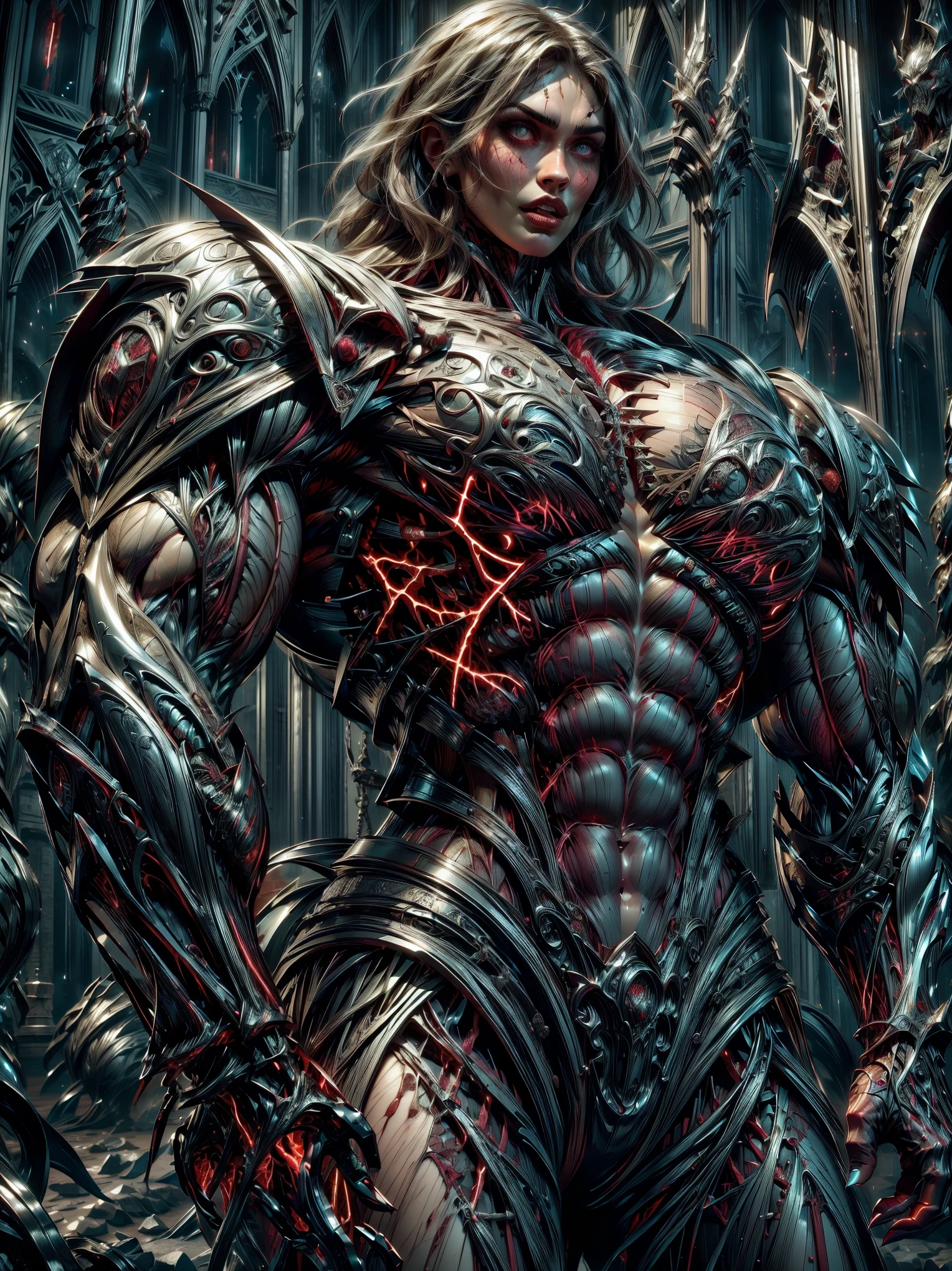 (1 girl), (megan fox:1.25), (pure white skin:1.25), Beautiful vampire girl dressed in ornate medieval vampiric full body armor, (extreme muscular definition:1.5), (vampiric body armor:1.25), (huge muscular arms:1.5,) (10-pack abs:1.4), (lots of veins:1.25), Ultra Realistic, Very detailed face and eyes, a true masterpiece, with an atmosphere of horror, gothica, blood, haunted cathedrals