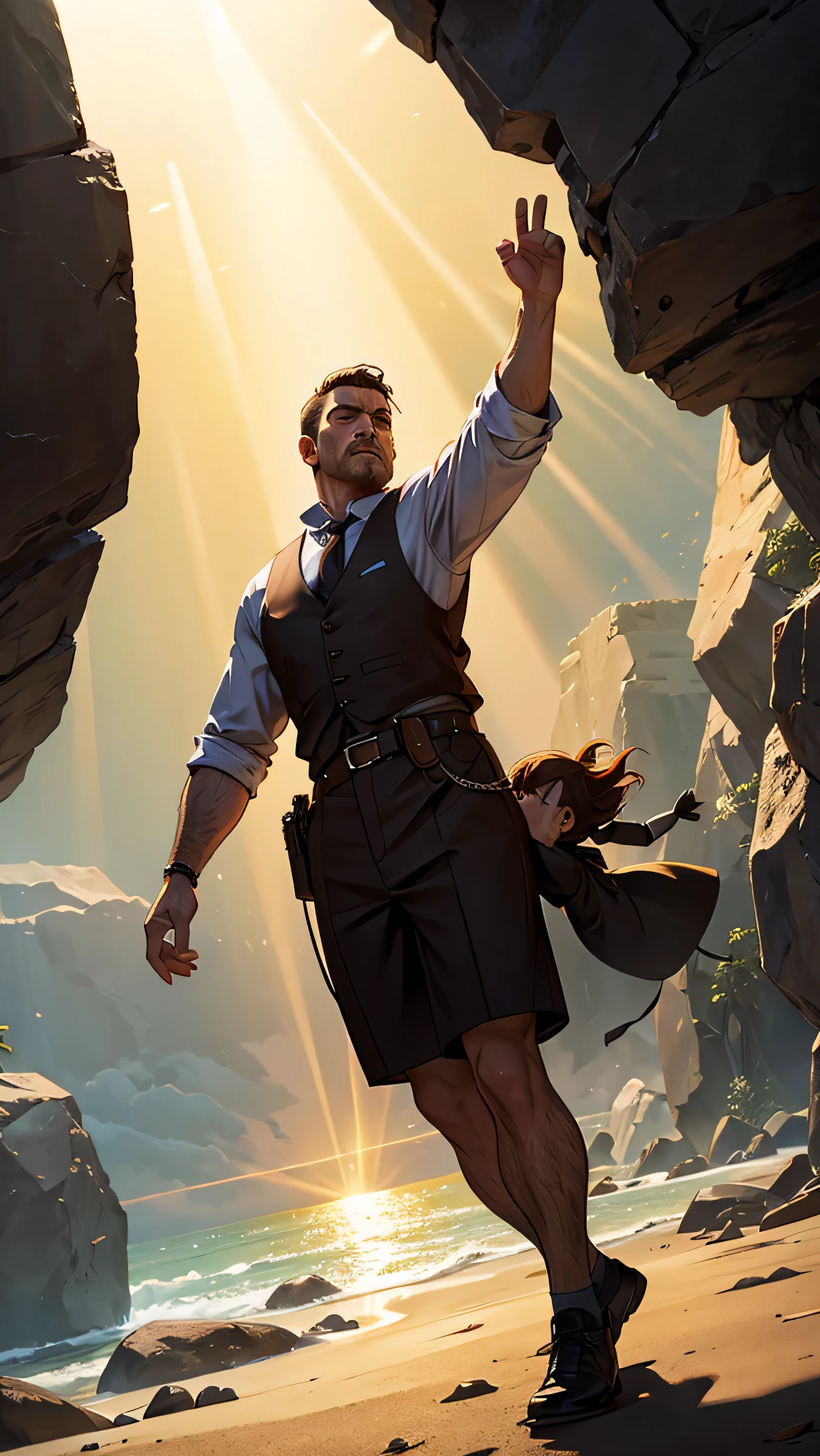 The father stepping into a beam of sunlight, extending a reassuring hand, and encouraging the son, "Give it your another best shot."