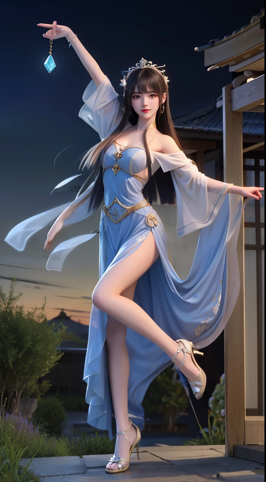 Moonlit landscape，The goddess in costume dressed in Han costume is unique。Her gorgeous costumes sparkle，The skirt swayed in the breeze，It looks elegant and dynamic。There was a playful look in her eyes，It is as if you are at one with this tranquil nature。

The costume goddess wears a pair of fashionable high heels under her feet，It seems to be incompatible with her elegant temperament，But it invisibly adds a touch of mystery and sexiness。。Her feet were on the bluestone slab，It's like dancing on the ground，Grace at every step。

In the moonlight，The landscape is even more hazy and wonderful。Her figure danced in the moonlight，Fairy beauty。Her demeanor is playful and cute，It makes people want to get closer，Discover her inner secrets。

At this moment，Everything around seemed to be gone，Only this goddess in ancient costume and this beautiful landscape painting remain。She smiled，sport，All full of poetry，It's intoxicating，Can't extricate yourself。
