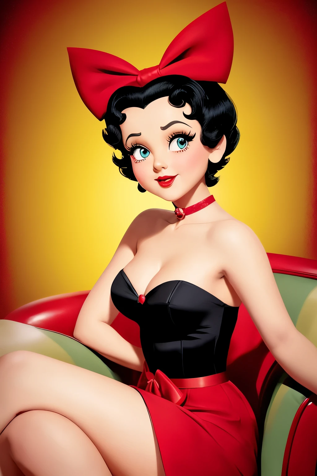 Photo of Betty Boop, iconic cartoon character, (stylized animation), (vintage design), (short bob hairstyle with red bow), (playful and expressive facial features), (detailed and textured skin), ( cheerful and charming personality), wrapped in a cozy blanket, Living room environment, (casually sitting on an armchair), (warm colors), Softbox lights, (stylized and colorful), Fashion, Retro, From the side,
Photo of Betty Boop, iconic cartoon character, (stylized animation), (vintage design), (short bob hairstyle with red bow), (playful and expressive facial features),