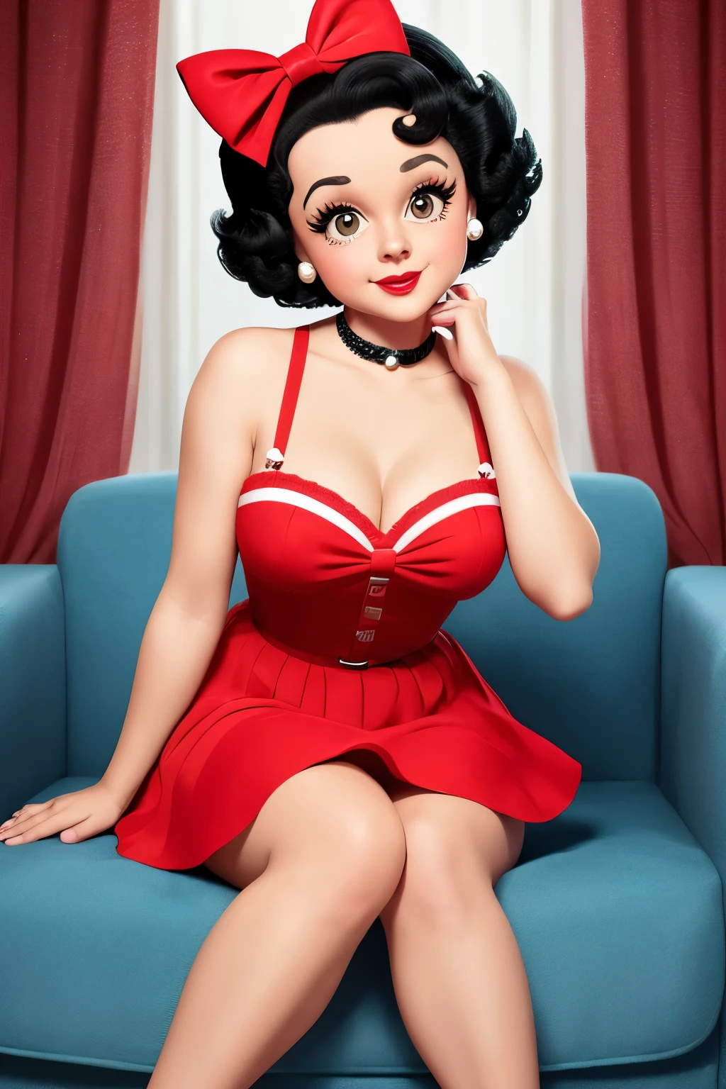 Photo of Betty Boop, iconic cartoon character, (stylized animation), (vintage design), (short bob hairstyle with red bow), (playful and expressive facial features), (detailed and textured skin), ( cheerful and charming personality), wrapped in a cozy blanket, Living room environment, (casually sitting on an armchair), (warm colors), Softbox lights, (stylized and colorful), Fashion, Retro, From the side,
Photo of Betty Boop, iconic cartoon character, (stylized animation), (vintage design), (short bob hairstyle with red bow), (playful and expressive facial features),