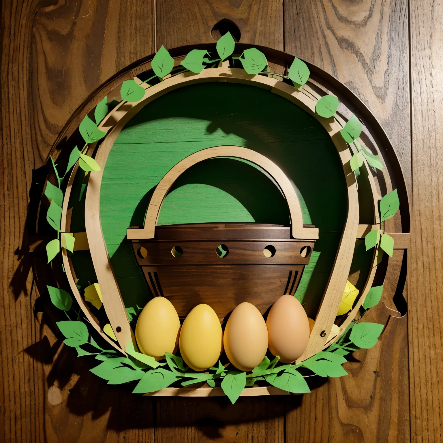 signboard, in the style of laser cutting, depicts a flat Easter basket with flat eggs and green branches, multilayer, plywood, without text