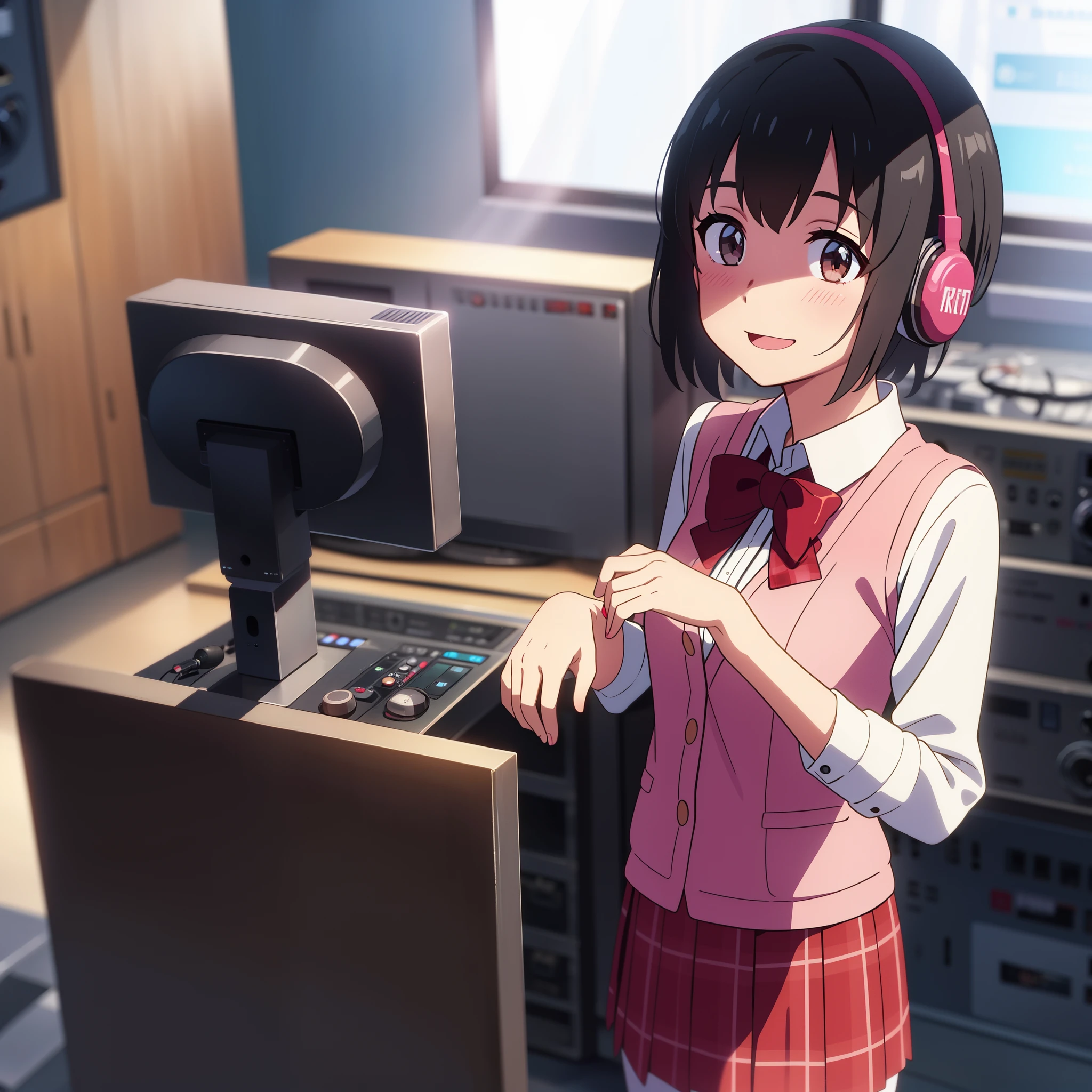 shinkai makoto, kimi no na wa., 1girl, bangs, black hair, blush, bright eyes, brown eyes, red ribbon, red bow, White dress shirts, Plaid vest, skirt, plaid skirt, black pantyhose, earmuffs, short hair, smile, cute, beautiful, shiny skin, solo, indoors, FM Radio Studio Stations, home, broadcast room, Speak into the microphone, open mouth