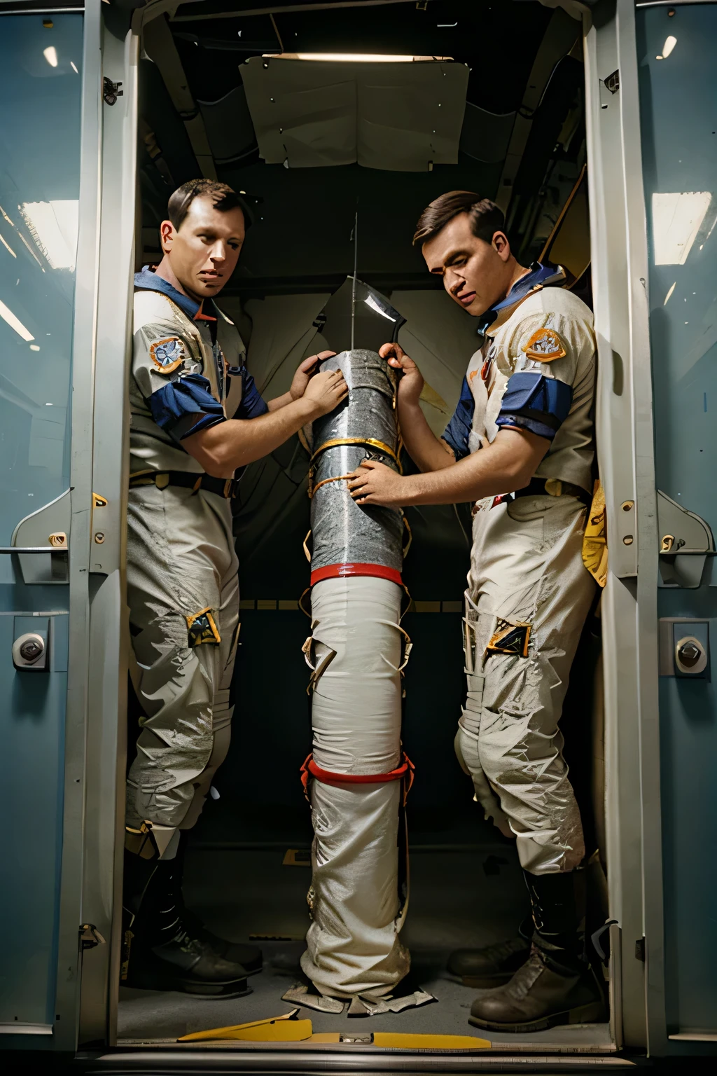 Apollo 13 spacecraft crew holding duct tape to fix something on the rocket