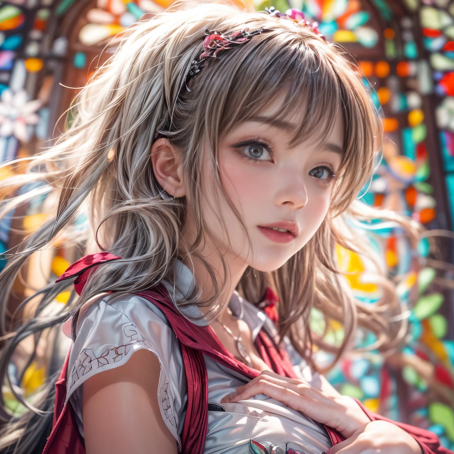 (NSFW:-0.98) . White and Red, (Dazzling colorful light pours down:1.2), (Ultra-detailed1.35), (Masterpiece:1.2) of professional Analogue photo with Hasselblad open aperture, (((Realistic and Photorealistic with touch of rawness:1.37))), (((Acutance:0.85), { from below | from side } )) . ((A group photo of many KAWAII girls in (school uniform)) with visible Overflowing Cleavage) and Navel without bra . (((Extremely detailed KAWAII face variations)) with joyful expressions), { Detailed natural eyes with sparkling highlights and long eyelashes | Rosy cheeks | Navel | (pretty Ass) | (Overflowing underboob) | Oiled ivory skin Details | White panties with (blood seeping only in crotch area) | ((full of Flowers covering girl's body:1.15)) | (((Dazzling colorful stained glass with stunning elaborate details:1.2))) | Mystic sight | A Halo ling in the air | God rays | Haze | Lens flare | Luminescent particles | Kissing face to face } . Ultra-detailed, (Exposed:0.8), (((Nipple:-0.9))) .