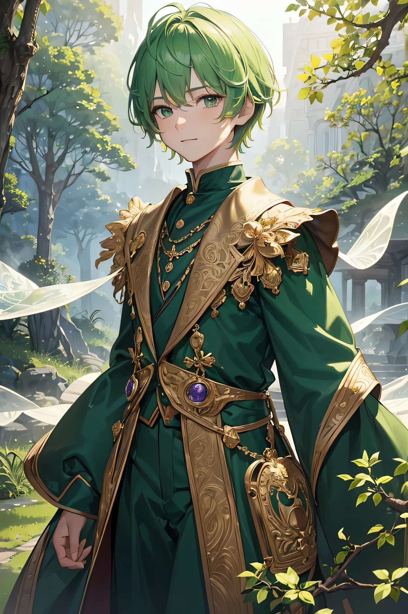A man in a green outfit standing in a forest - SeaArt AI