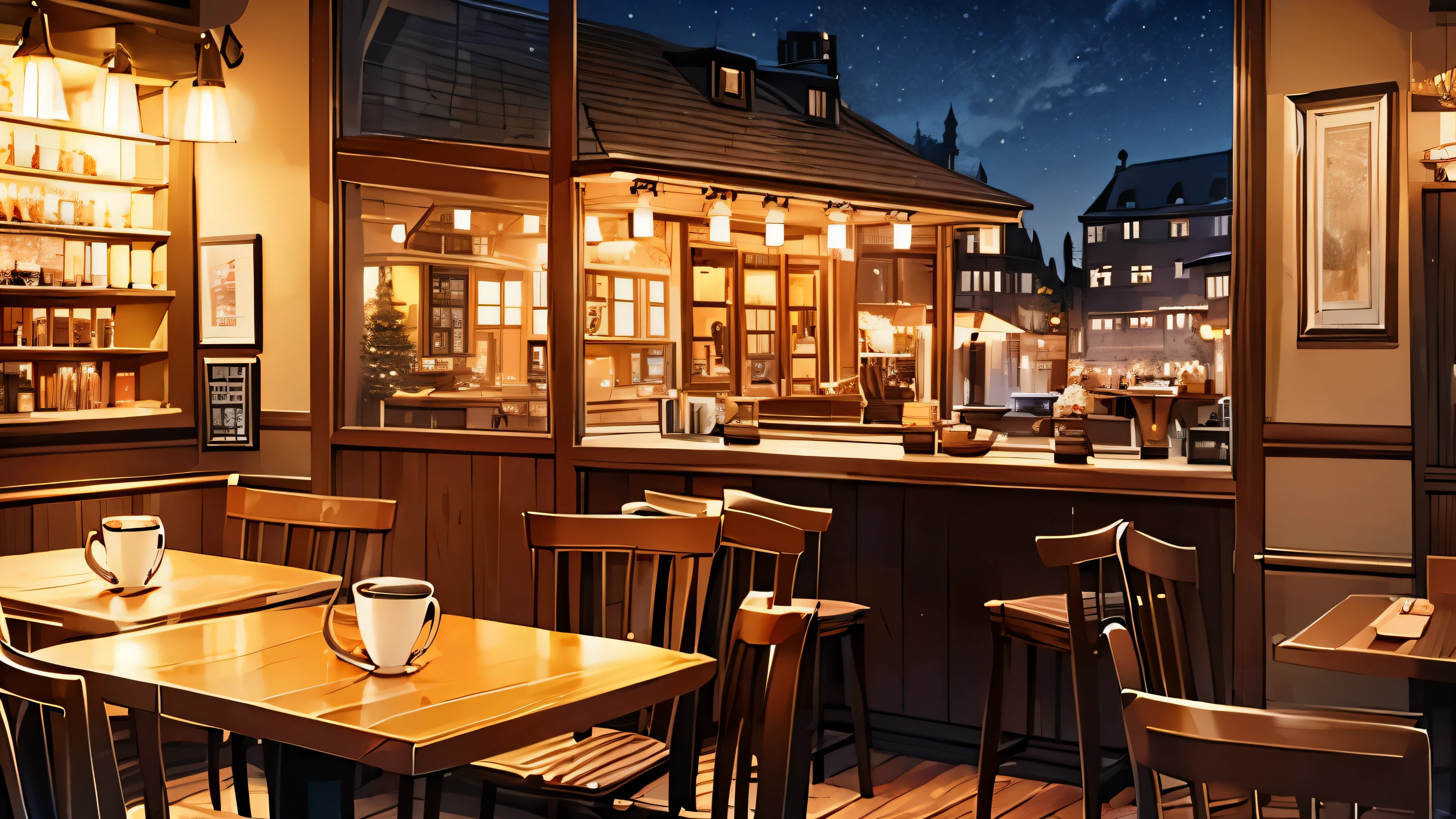 ((best quality)), ((masterpiece)), (detailed), perfect face, night time, cozy cafe interior with window in background, winter, coffee cups, espresso machine, happy, painted, warm colors