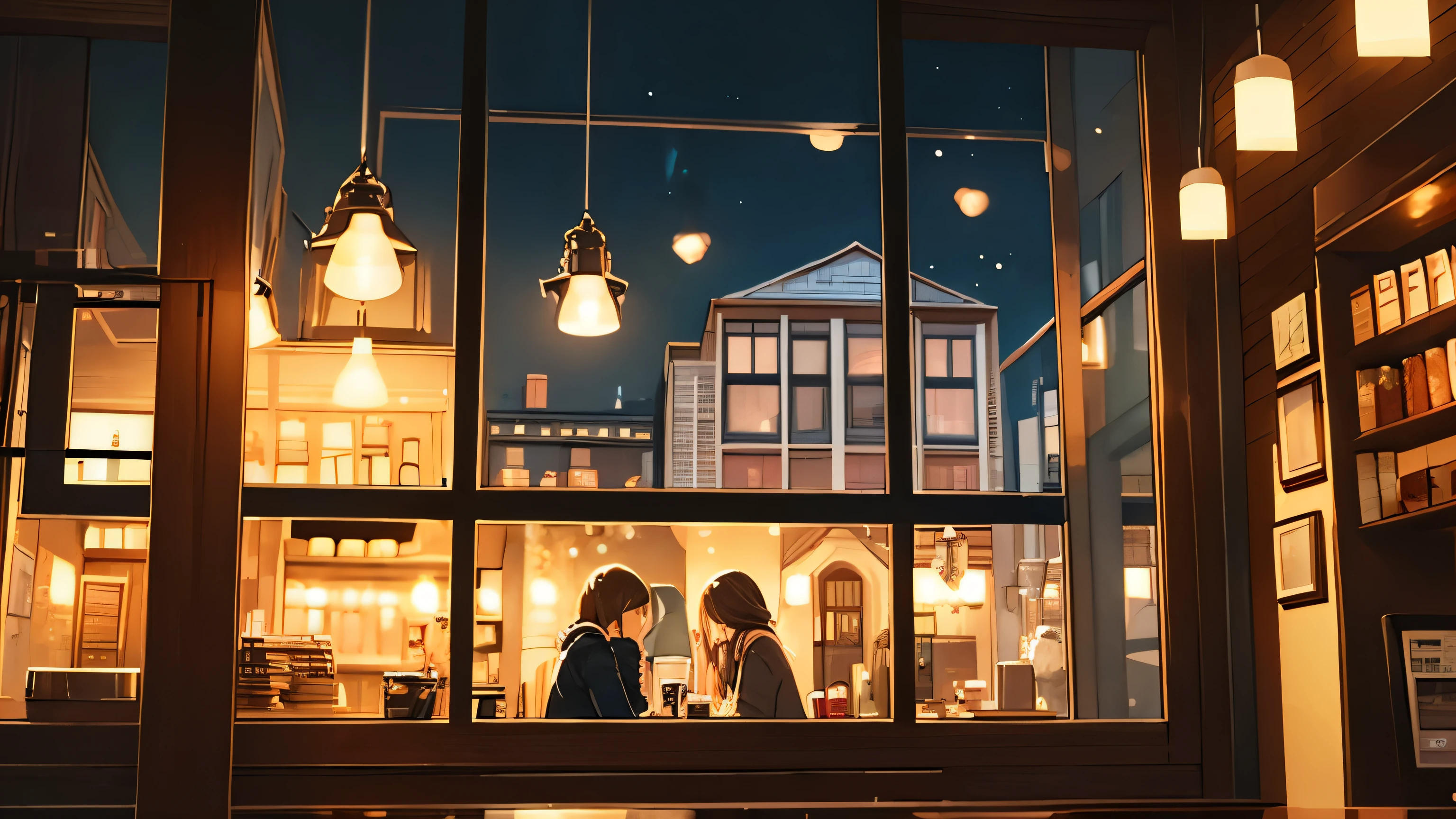 night time, cozy cafe interior with window in background, winter, coffee cups, espresso machine, happy, painted, warm colors