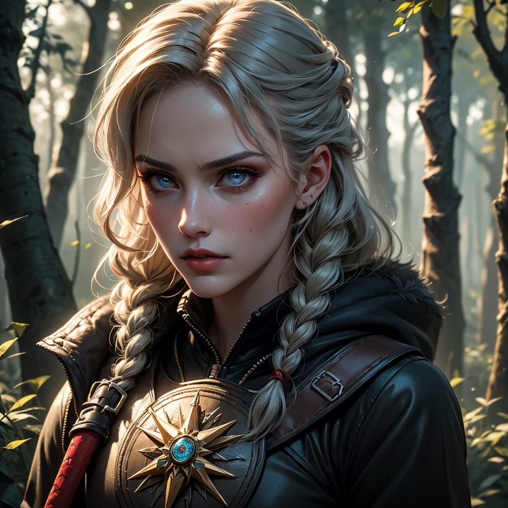 (best quality,4k,highres,masterpiece:1.2),Ciri,girl,detailed eyes,detailed lips,longeyelashes,beautiful face,determined,intense look,braided hair,expressive eyes,witcher medallion,dark fantasy,medieval,sword,fierce,strong,warrior,action pose,dangerous,forest background,moody lighting,vivid colors,realistic painting style
