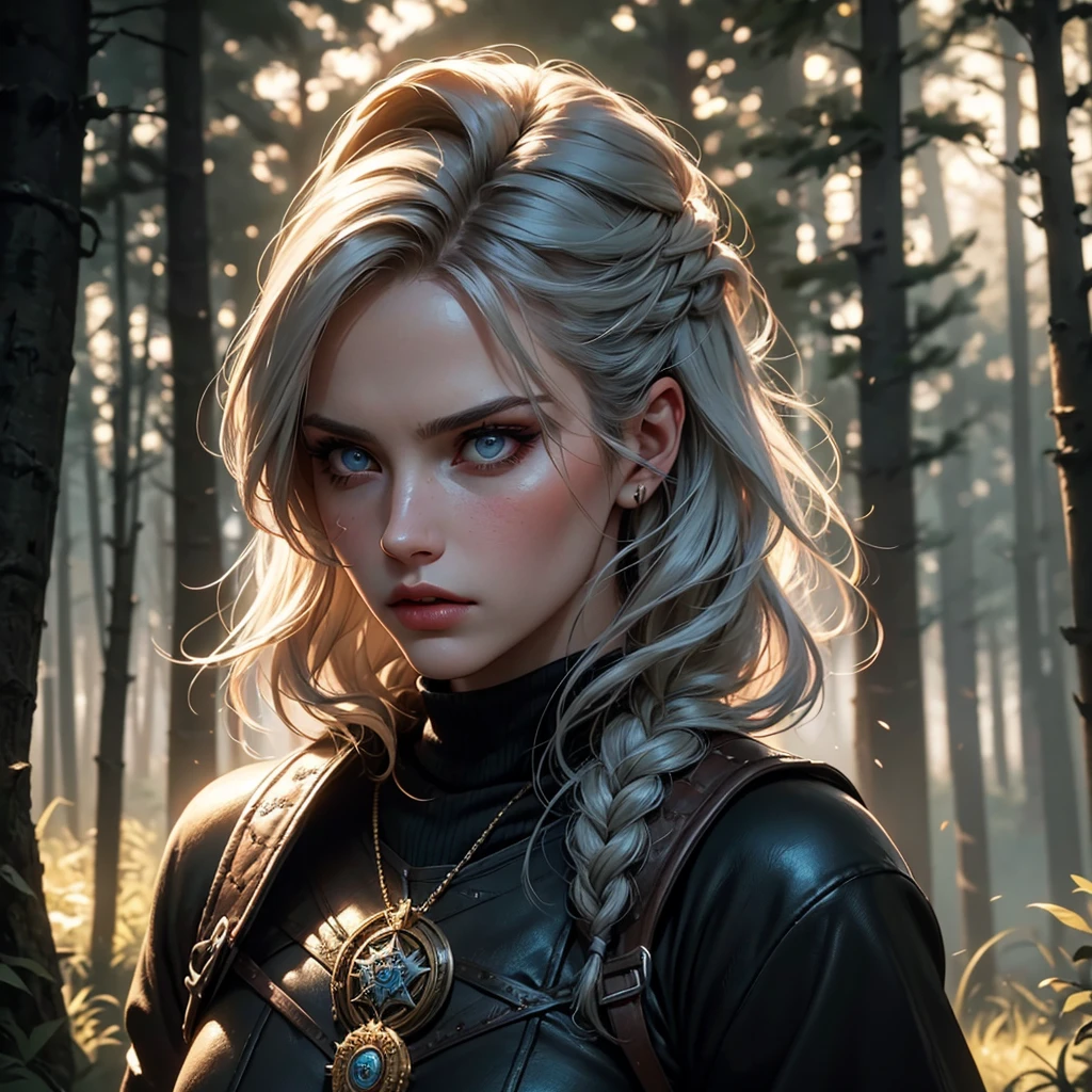 (best quality,4k,highres,masterpiece:1.2),Ciri,girl,detailed eyes,detailed lips,longeyelashes,beautiful face,determined,intense look,braided hair,expressive eyes,witcher medallion,dark fantasy,medieval,sword,fierce,strong,warrior,action pose,dangerous,forest background,moody lighting,vivid colors,realistic painting style