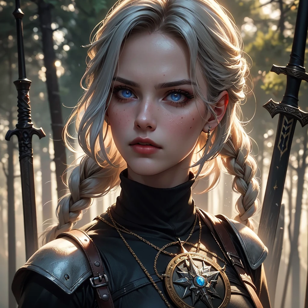 (best quality,4k,highres,masterpiece:1.2),Ciri,girl,detailed eyes,detailed lips,longeyelashes,beautiful face,determined,intense look,braided hair,expressive eyes,witcher medallion,dark fantasy,medieval,sword,fierce,strong,warrior,action pose,dangerous,forest background,moody lighting,vivid colors,realistic painting style