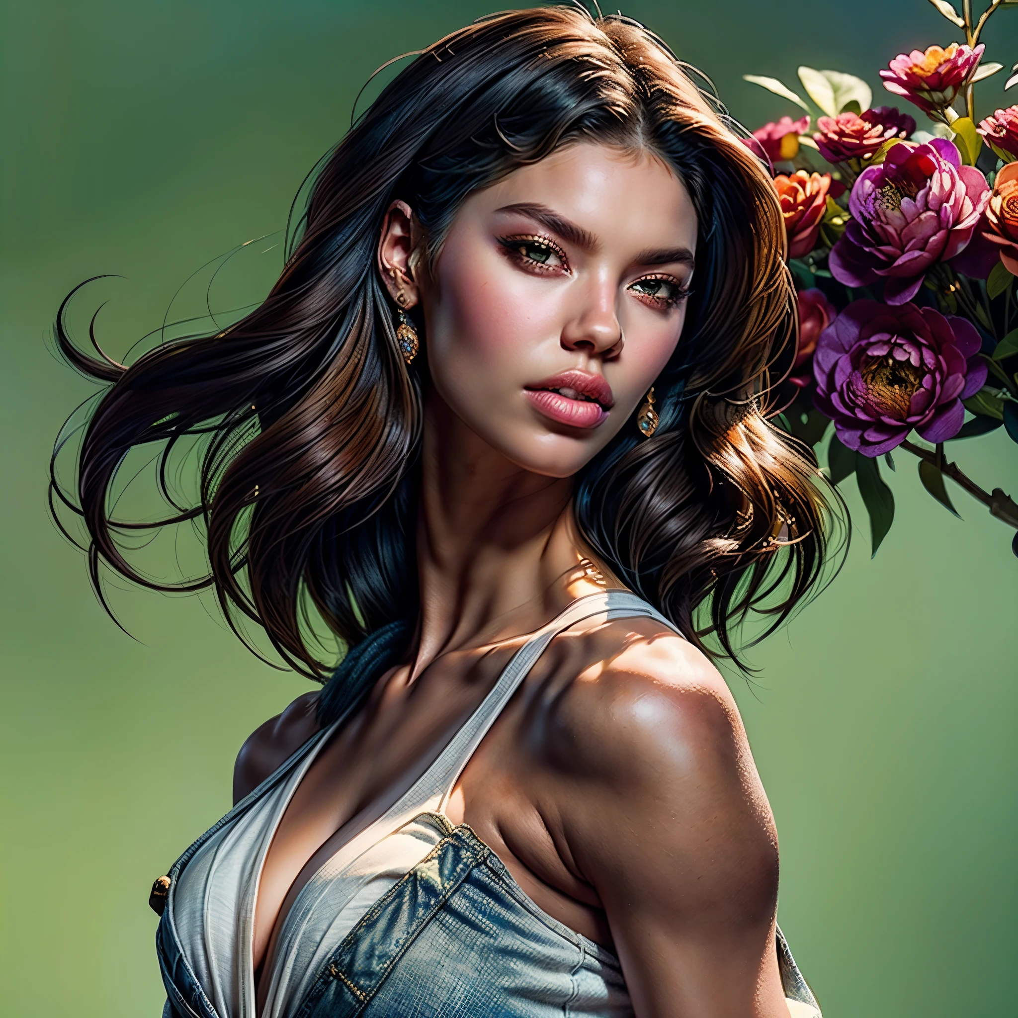 style FANTASTIC::Marc Silvestri ::5.0 COMIX illustration style, Fantastic Paintings--quality ,illustration style, DETAILED ,TATOON STYLE , Adriana Lima ,beautiful woman with long straight haiR ULTRA DETAILED, (beautiful and clear background:1.2), (extremely detailed CG, ultra-detailed, best shadow:1.1), ((depth of field)), ((watercolor)), large breasts(with jeans and a white t-shirt or dress:1.3), bare shoulders, flowers and petals, beautiful concept illustration , (white background:0.5), (illustration :1.1), (extremely fine and beautiful:1.1), (perfect details:1.1) varied multi etc. --v 6 --s 1000 --c 20 --q 20 --chaos 100