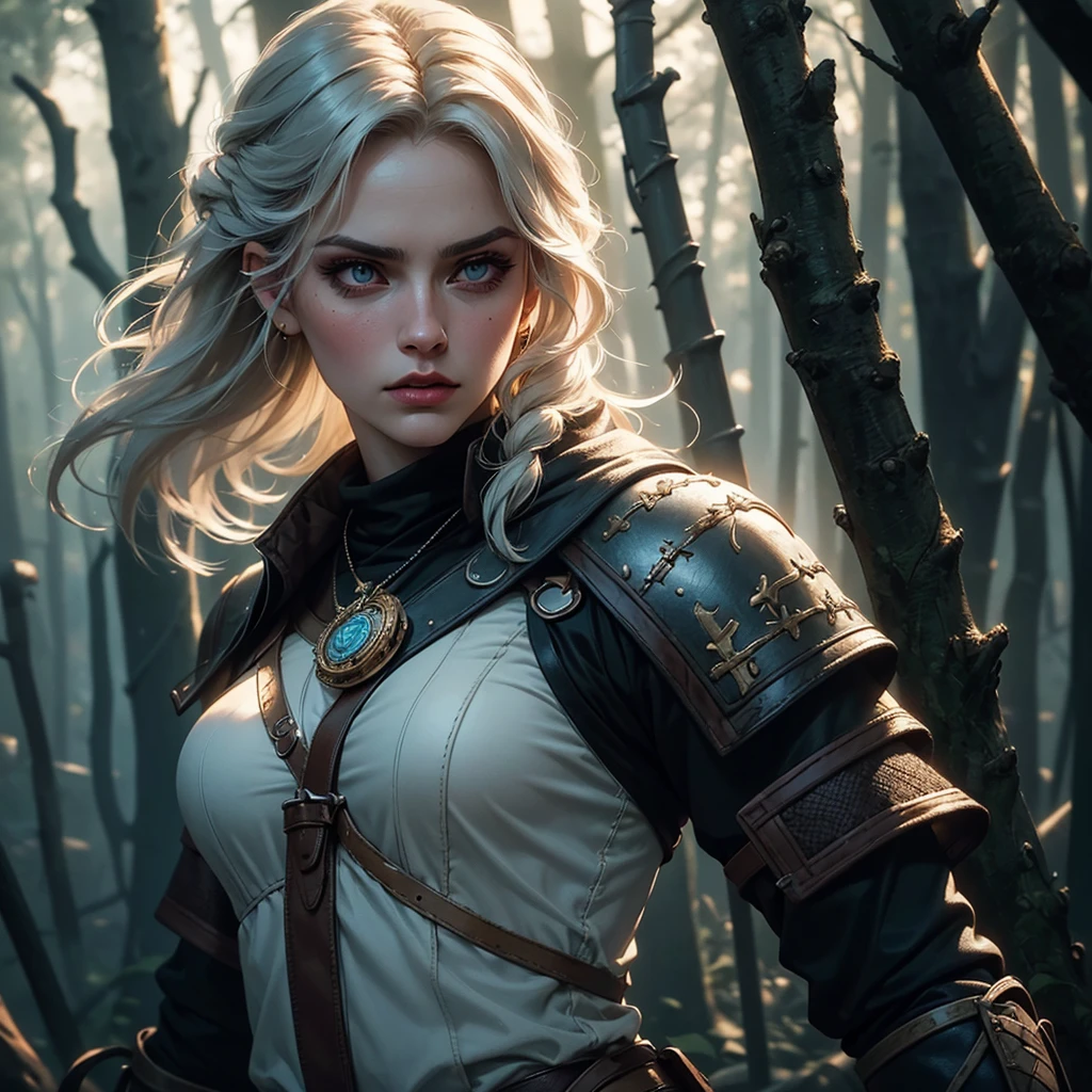 (best quality,4k,highres,masterpiece:1.2),Ciri,girl,detailed eyes,detailed lips,longeyelashes,beautiful face,determined,intense look,braided hair,expressive eyes,witcher medallion,dark fantasy,medieval,sword,fierce,strong,warrior,action pose,dangerous,forest background,moody lighting,vivid colors,realistic painting style
