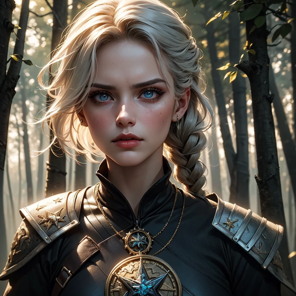 (best quality,4k,highres,masterpiece:1.2),Ciri,girl,detailed eyes,detailed lips,longeyelashes,beautiful face,determined,intense look,braided hair,expressive eyes,witcher medallion,dark fantasy,medieval,sword,fierce,strong,warrior,action pose,dangerous,forest background,moody lighting,vivid colors,realistic painting style